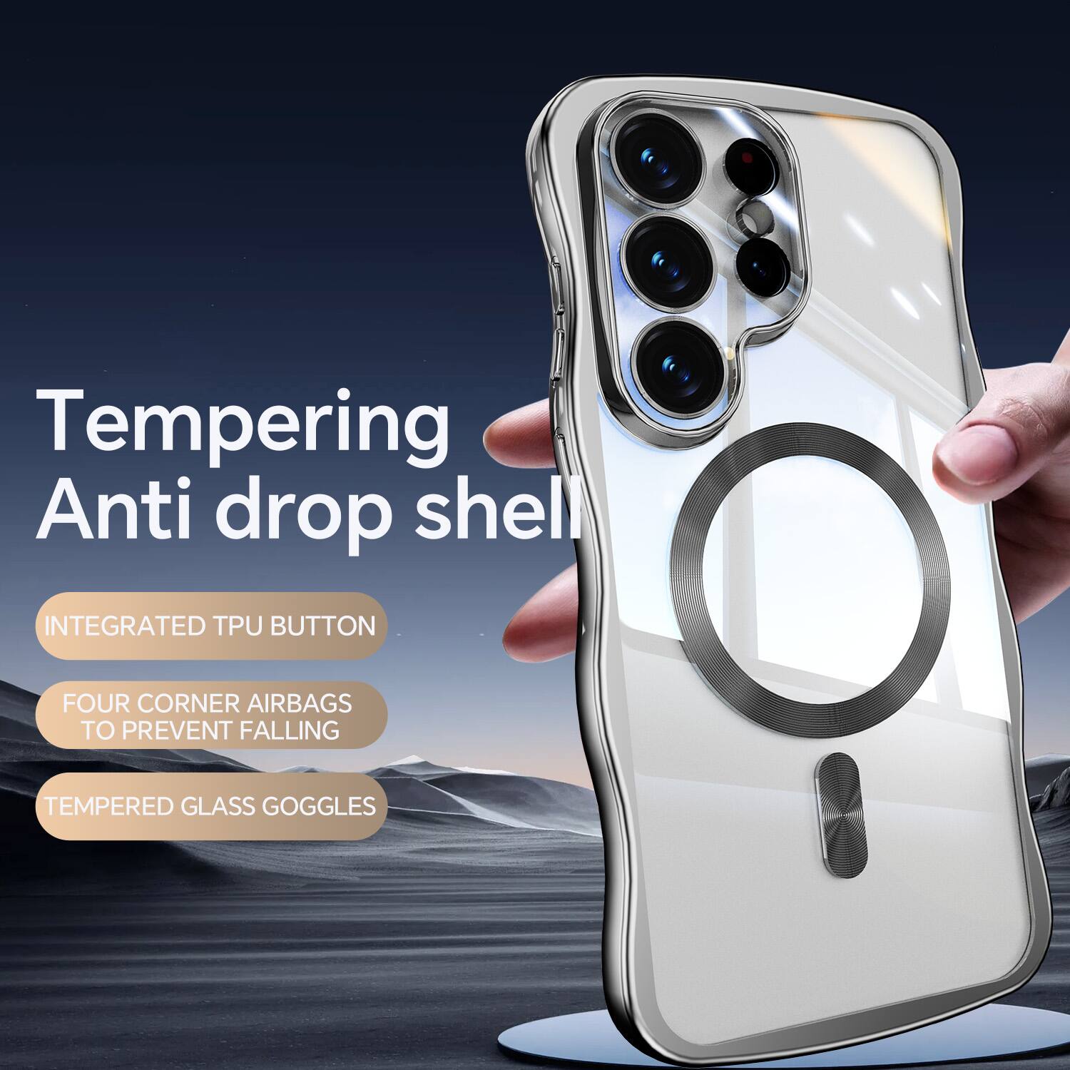 Tempering Anti drop shell  
INTEGRATED TPU BUTTON  
FOUR CORNER AIRBAGS TO PREVENT FALLING  
TEMPERED GLASS GOGGLES