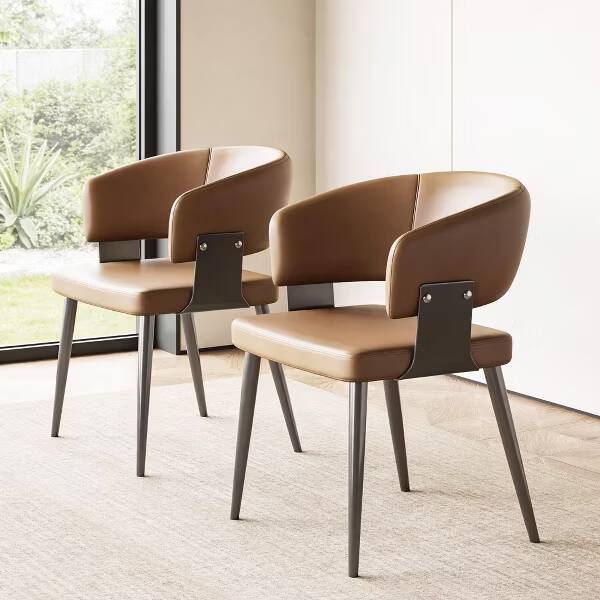 Back. luck idea - Modern Curved Half Arm Dining Chairs, PU Leather Upholstered Side Chair with Dark Metal Legs for Kitchen Dining Room - brown.
