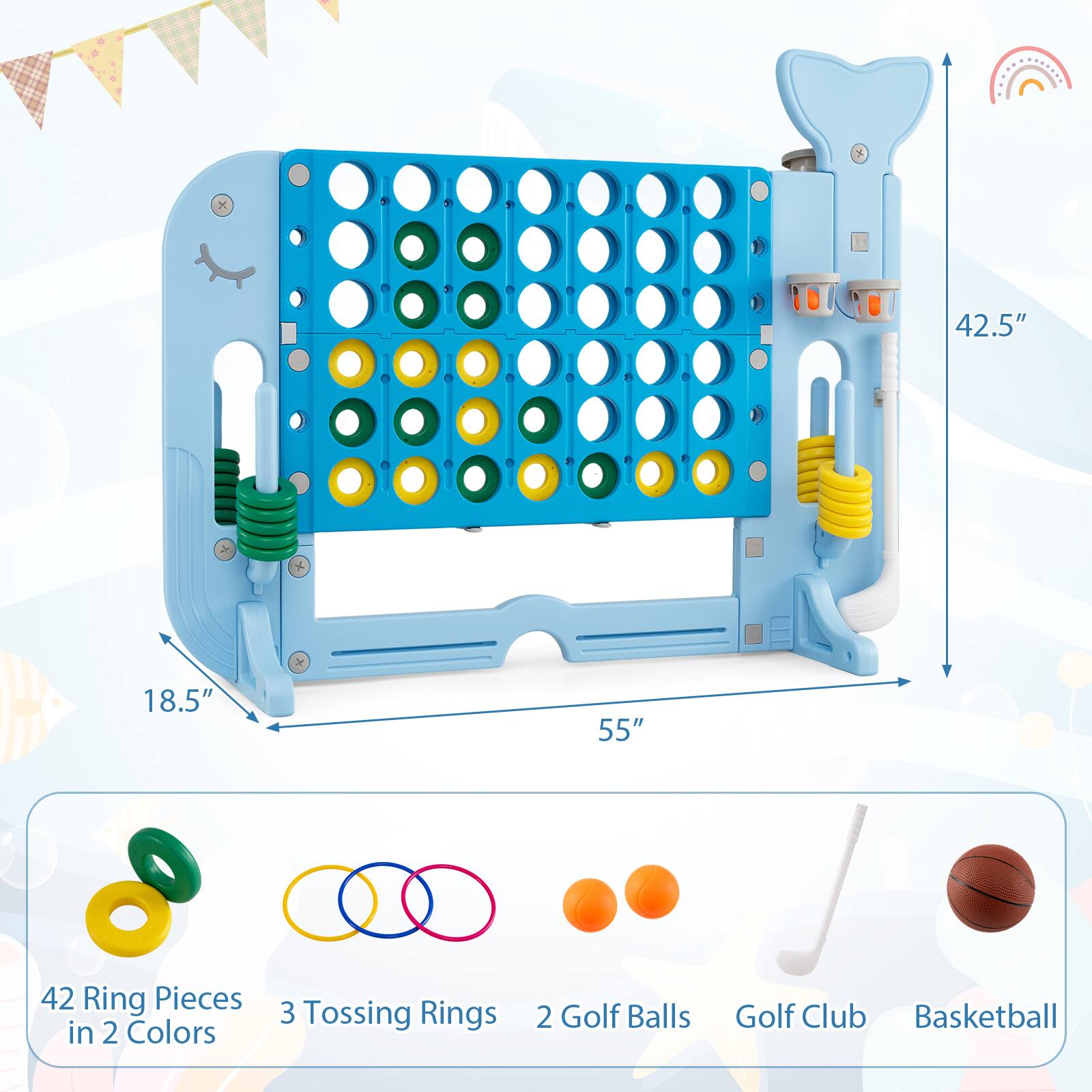 42.5" x 18.5" x 55"  
42 Ring Pieces in 2 Colors  
3 Tossing Rings  
2 Golf Balls  
Golf Club  
Basketball