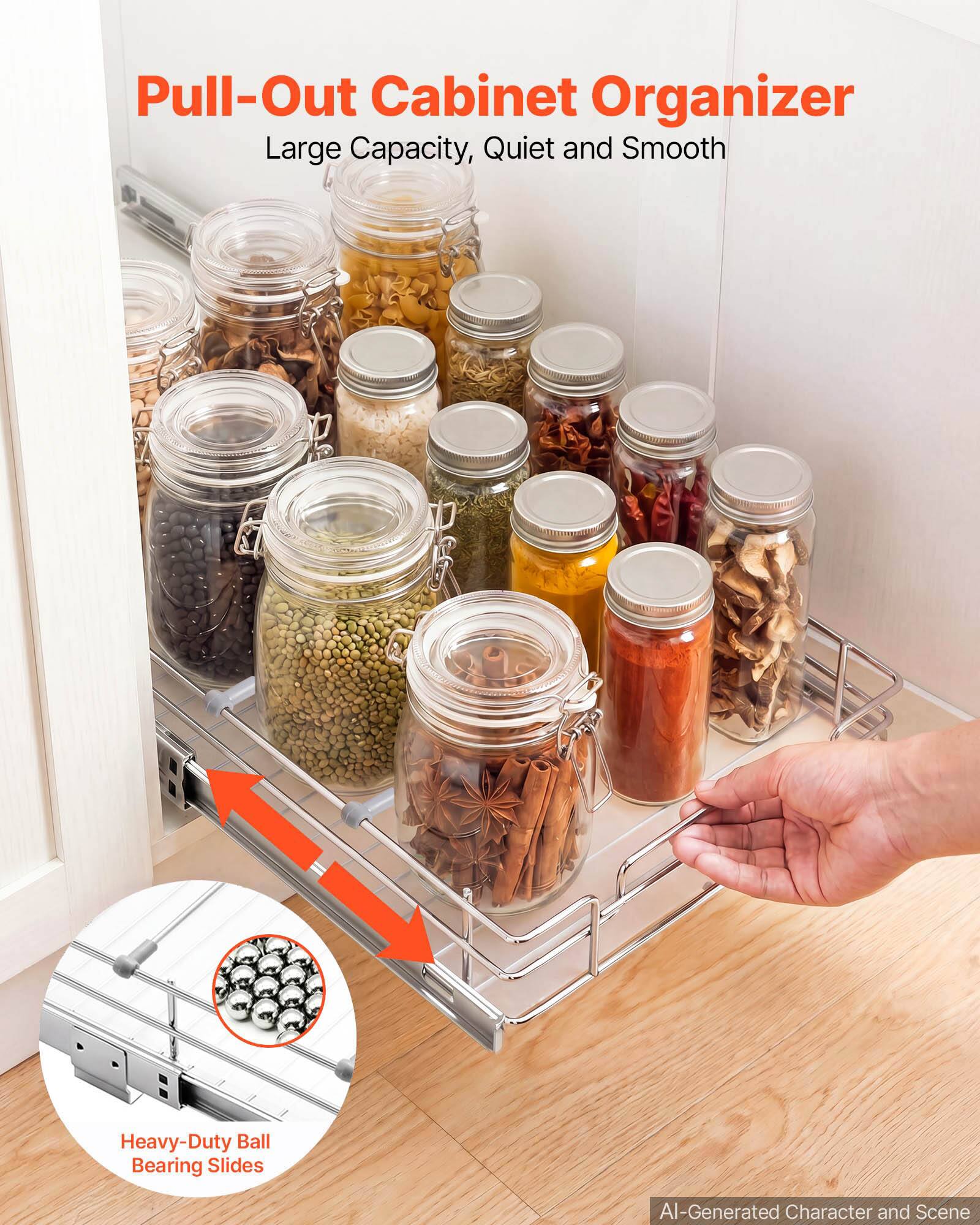 Pull-Out Cabinet Organizer  
Large Capacity, Quiet and Smooth  
Heavy-Duty Ball Bearing Slides  
AI-Generated Character and Scene