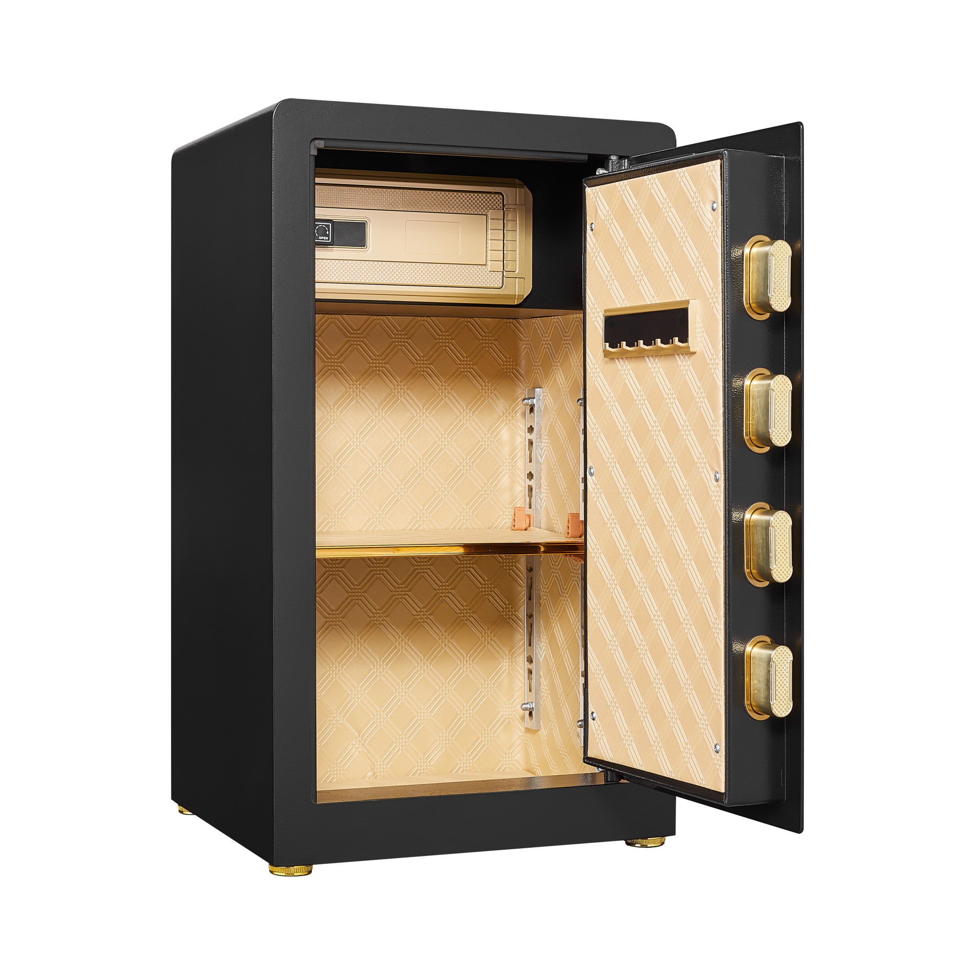 Back. Akoasm - Digital Security Safe Box with Keypad and Keys, Anti-Theft Home Safe for Money, Jewelry, Documents w/ LED Light.