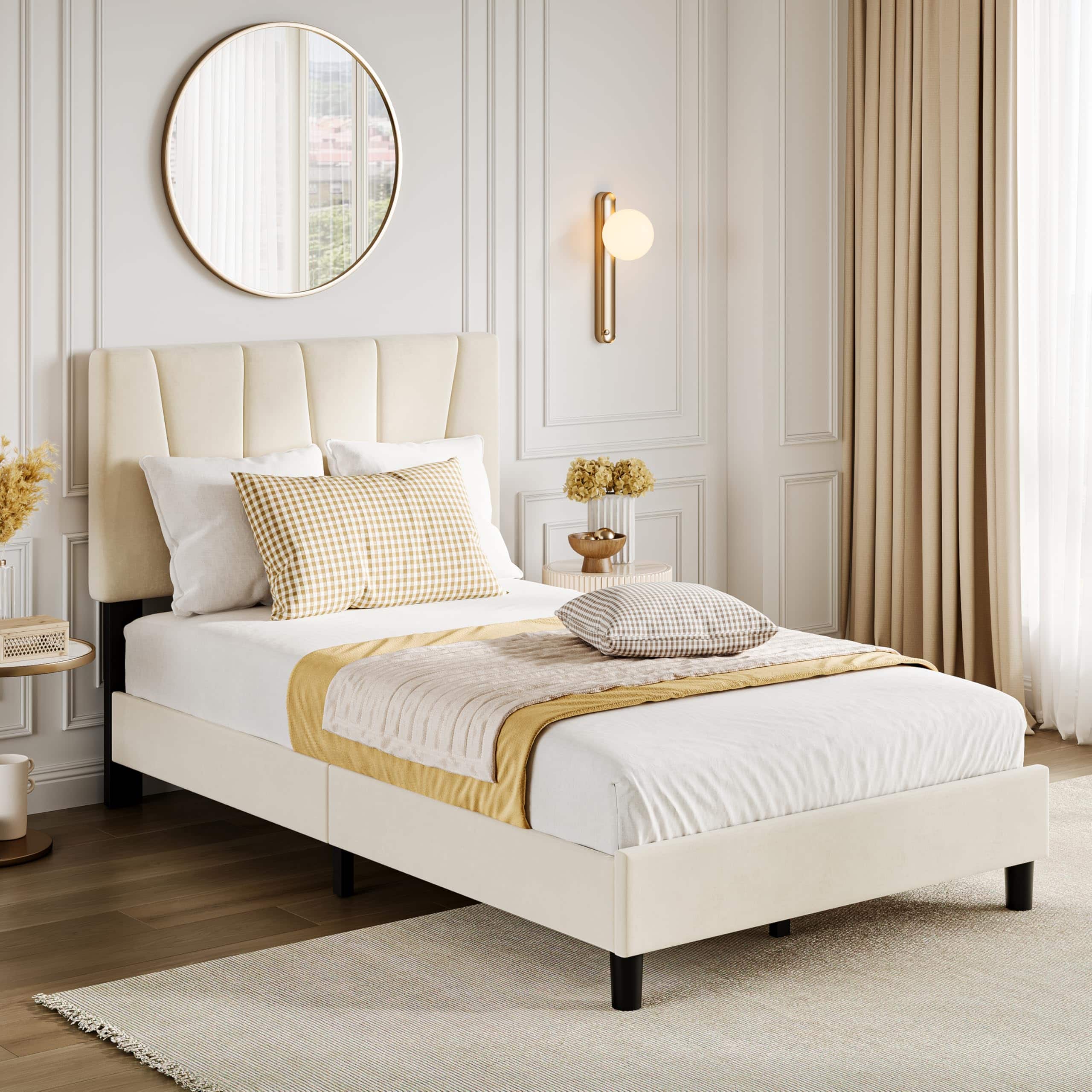 Acekool - Twin Size Bed Frame with Headboard Adjustable, Linen Upholstered Twin Platform Bed with Headboard - Beige