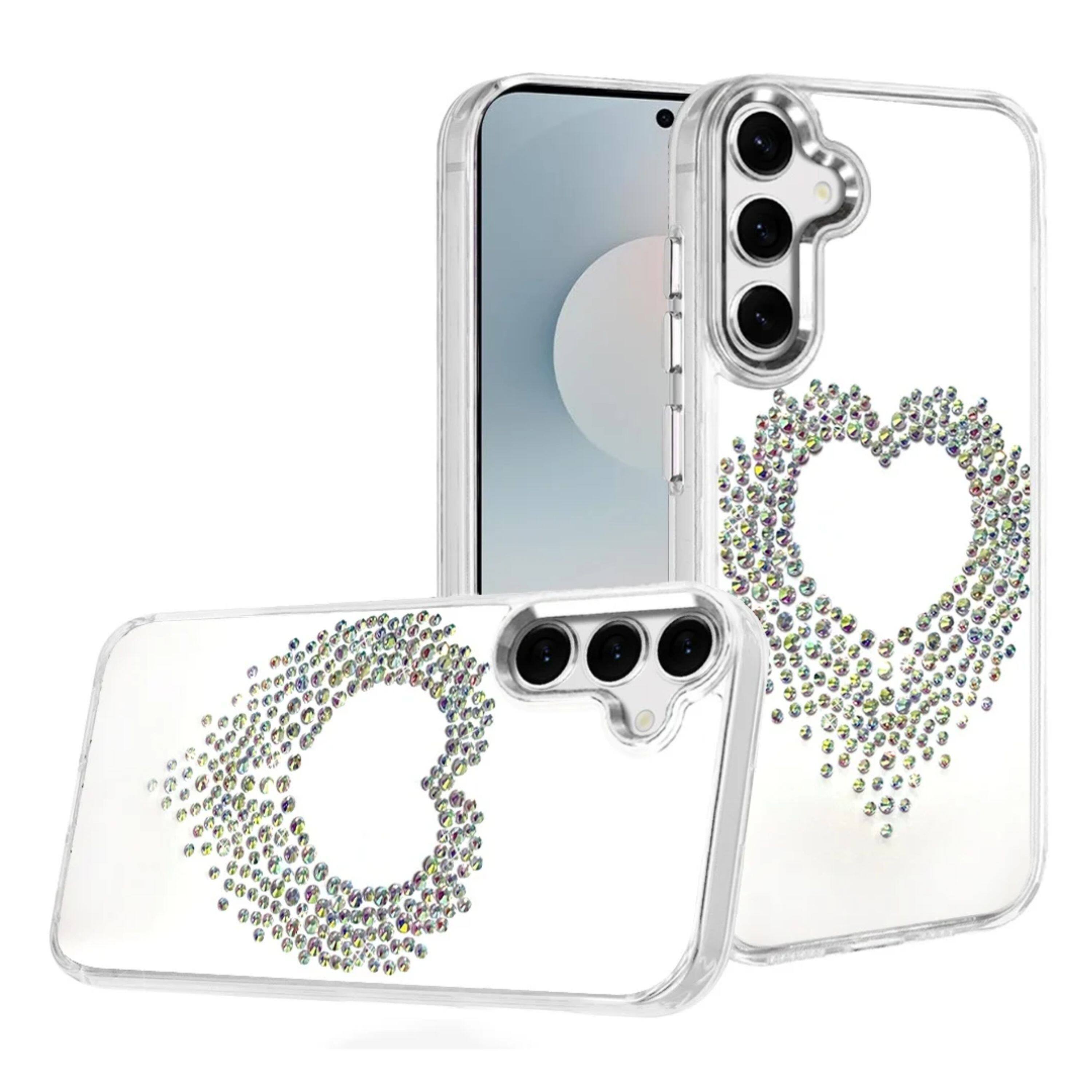 Angle. Kitcheniva - Heart Shaped Rhinestones On Clear Phone Case With Tempered Glass For Samsung Galaxy S25 FE Silver - Silver.
