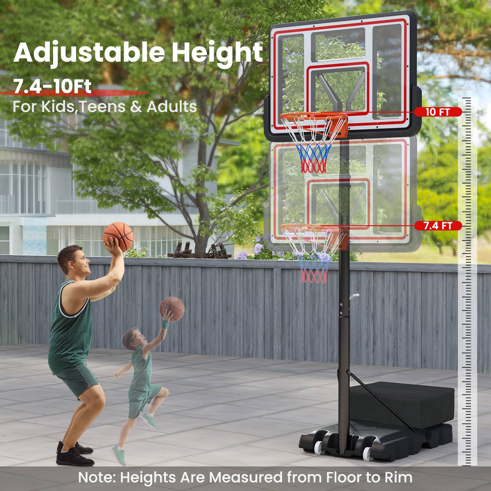 Adjustable Height  
7.4-10Ft  
For Kids, Teens & Adults  

Note: Heights Are Measured from Floor to Rim