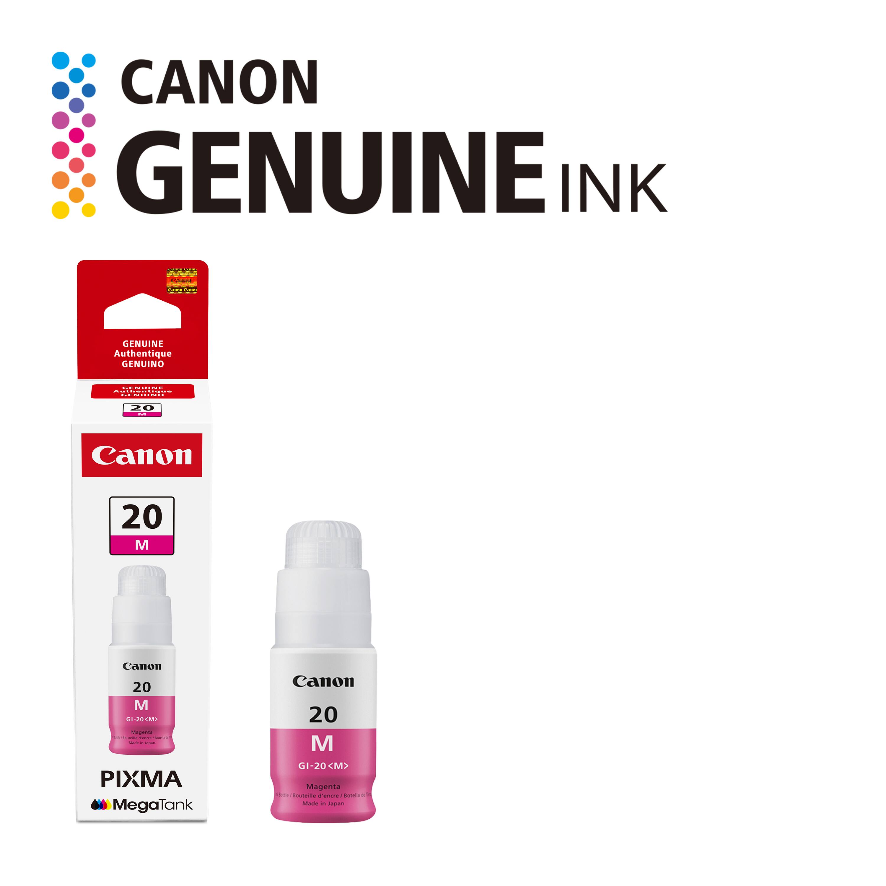 CANON GENUINE INK  
GENUINE Authentique GENUINO  

Canon 20 M  
PIXMA MegaTank  
GI-20 CM> Magenta de Instala  
Made in Japan