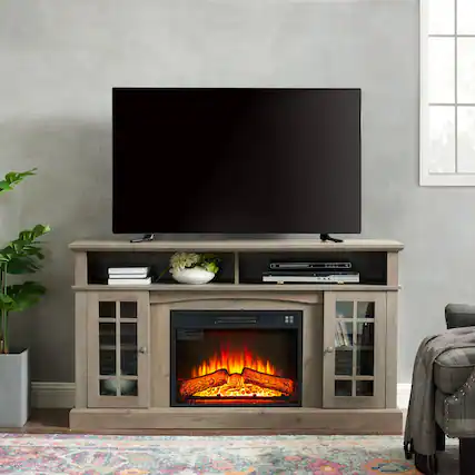 Front. TinyHomie - 58 inch W TV Media Stand Entertainment Console 23inch Fireplace Inset Gray Wash.