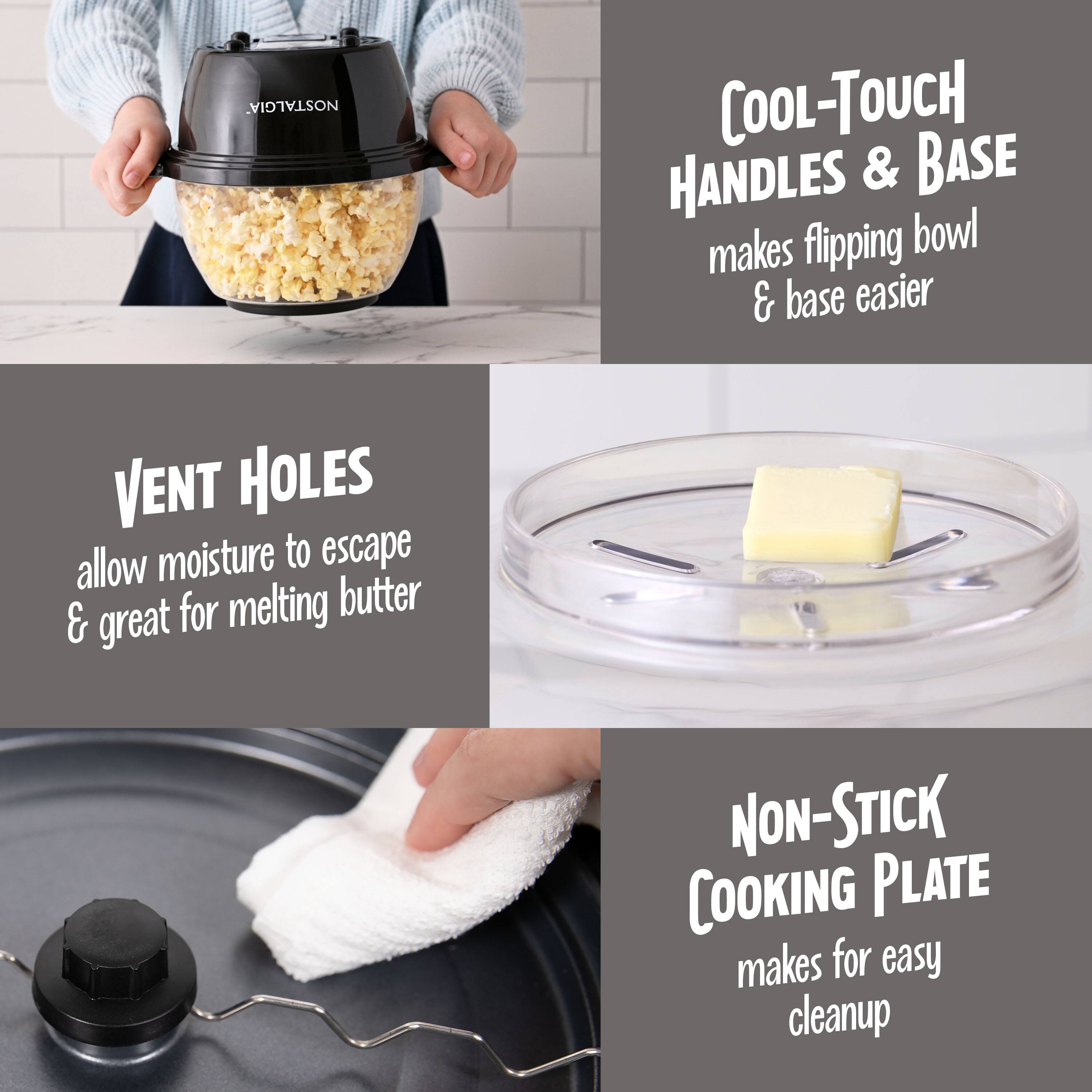 - **Cool-Touch Handles & Base**  
  makes flipping bowl & base easier

- **Vent Holes**  
  allow moisture to escape & great for melting butter

- **Non-Stick Cooking Plate**  
  makes for easy cleanup