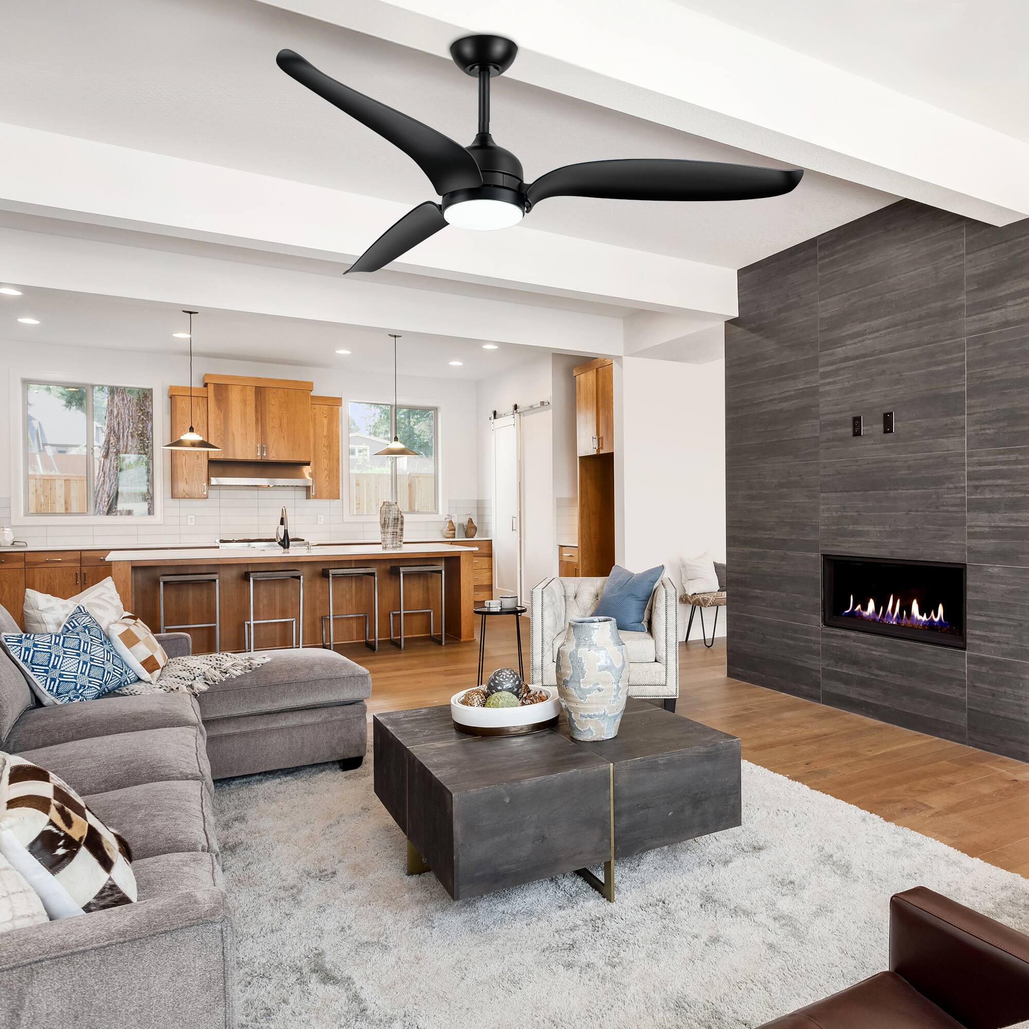 Alt View 2. Breezary - 60-Inch Ceiling Fan with 3-Color Light, 3 ABS Blades, DC Motor, 6-Speed Remote Control, 6'' &12 '' Downrods - Matte Black.