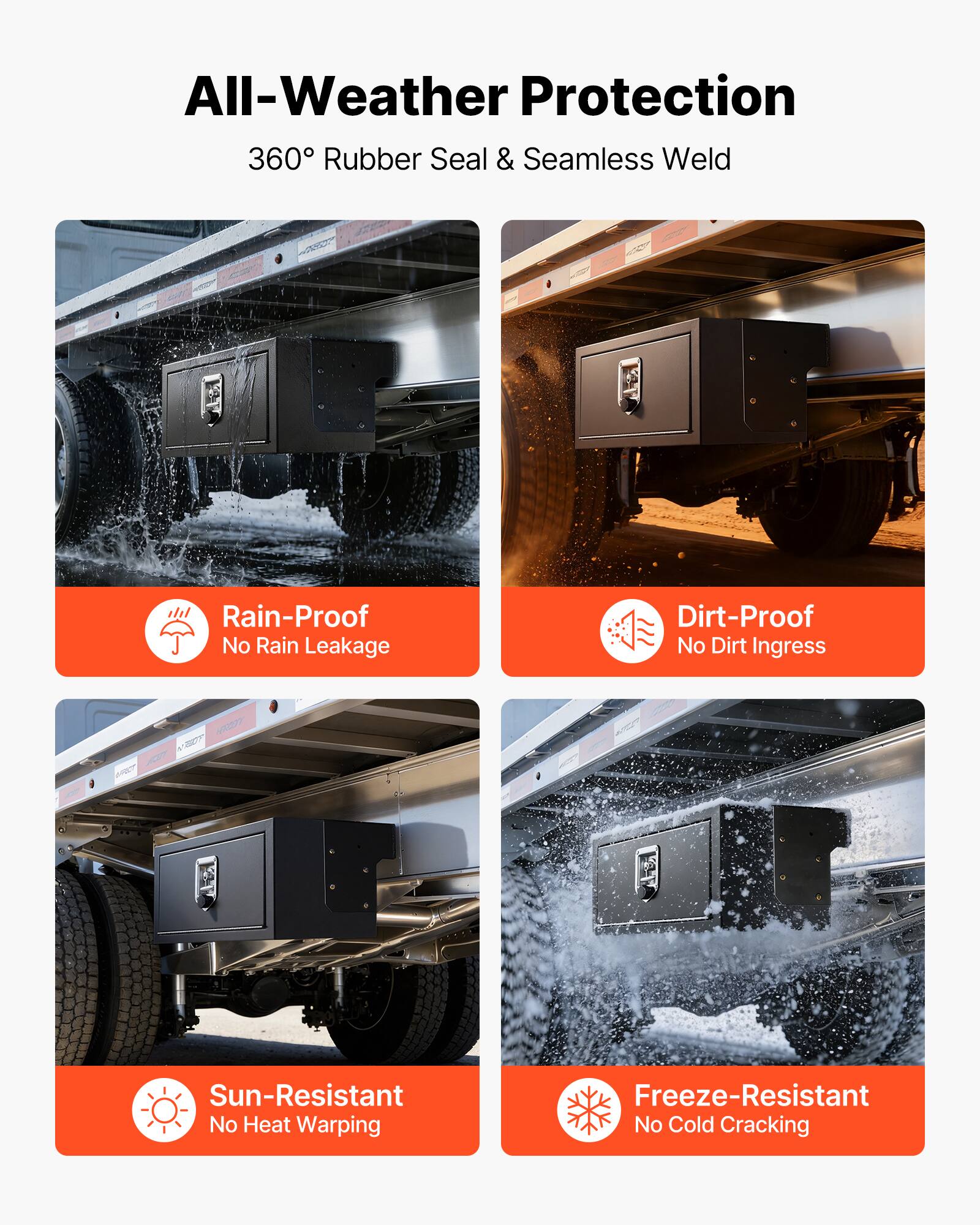 All-Weather Protection  
360° Rubber Seal & Seamless Weld  

- Rain-Proof  
  No Rain Leakage  

- Dirt-Proof  
  No Dirt Ingress  

- Sun-Resistant  
  No Heat Warping  

- Freeze-Resistant  
  No Cold Cracking