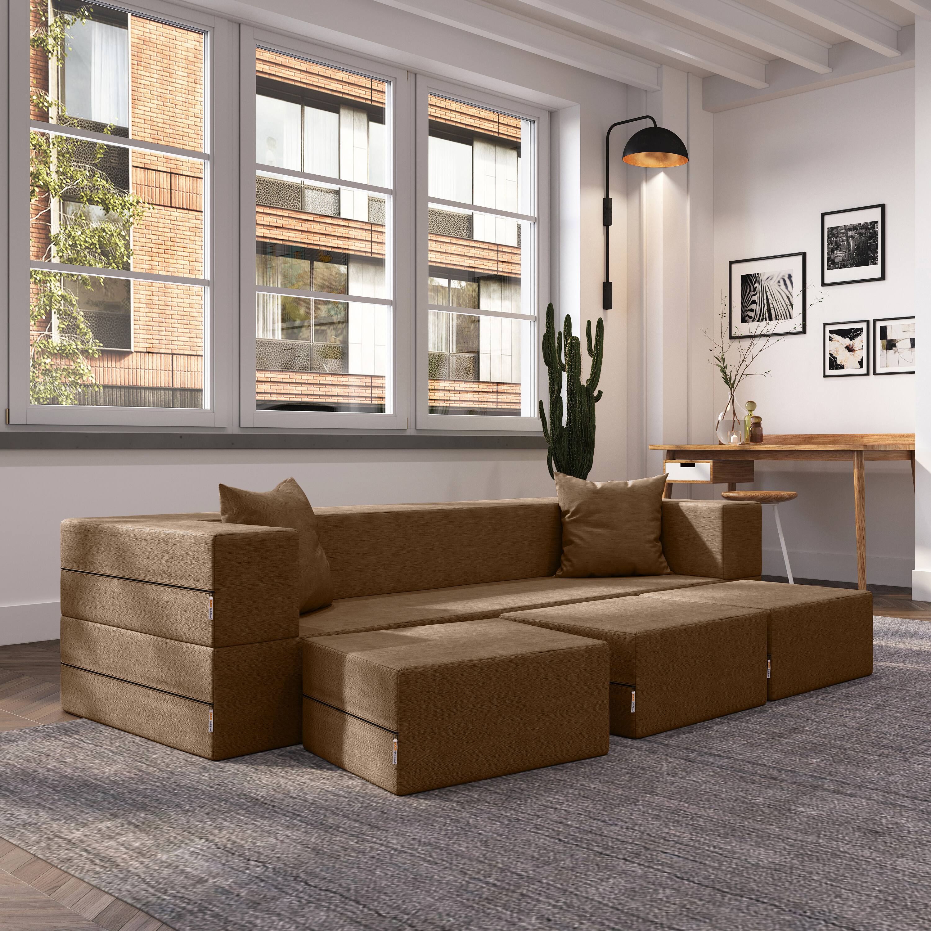 Left. Jaxx - Jaxx Zipline Convertible Sleeper Sofa & Three Ottomans/California King-Size Bed, Textured Microvelvet - Toffee - Toffee.