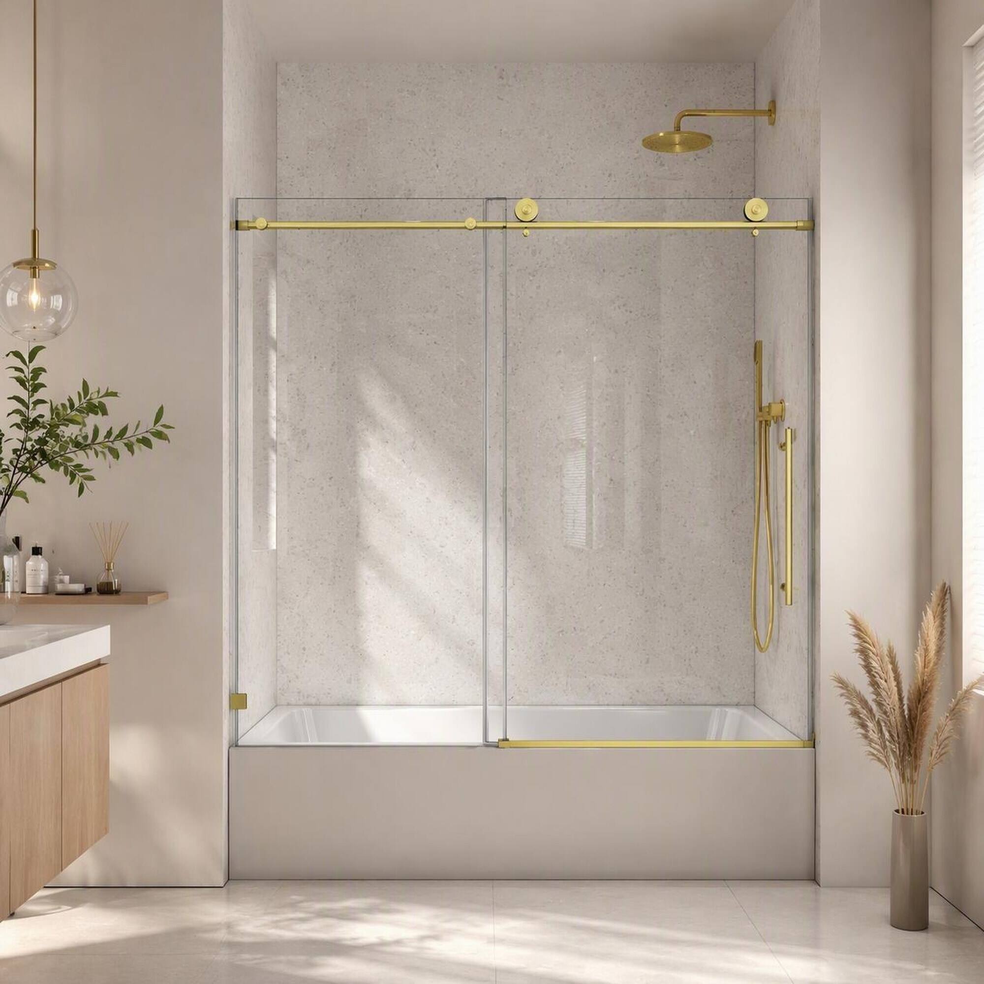Front. RYHNUYNE - Brushed Gold Frameless Shower Door With 70mm Steel Pulleys, Soft Close And Nano Easy Clean - Brushed Gold.
