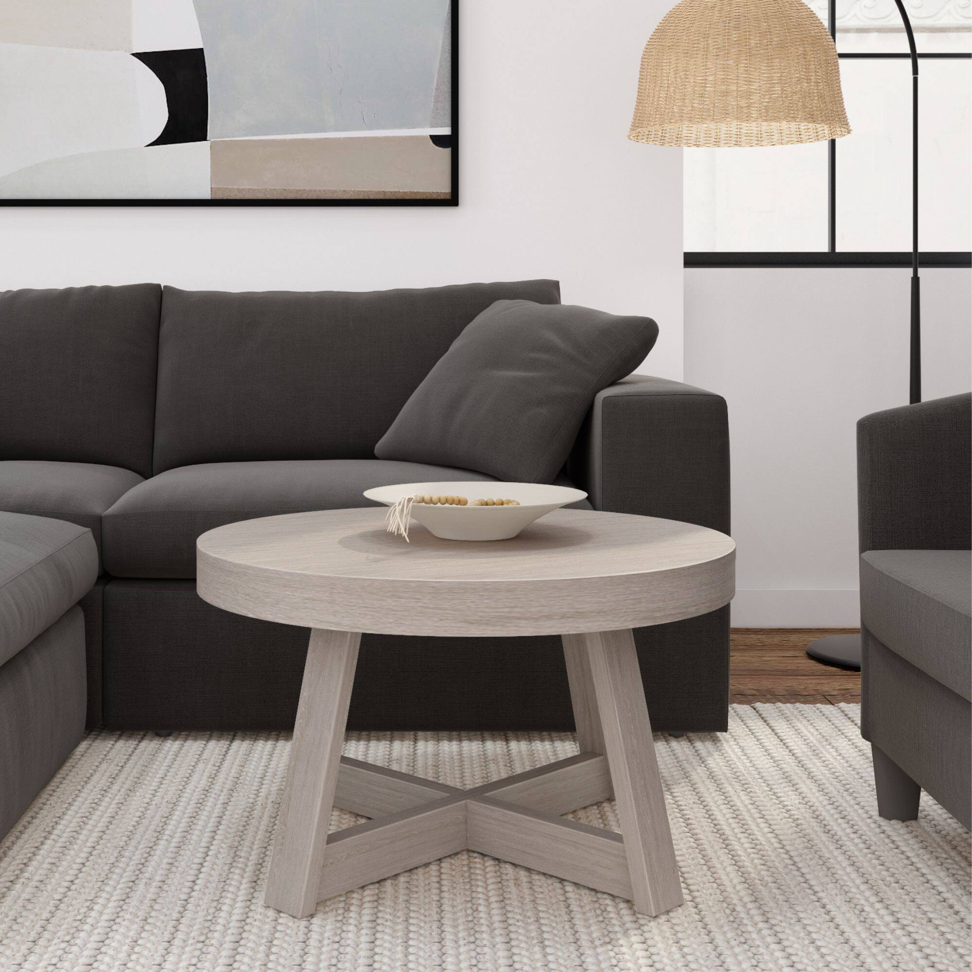 Alt View 1. Plank+Beam - Classic Round Coffee Table (30in x 30in / 760mm x 760mm), Seashell Wirebrush - Seashell Wirebrush.