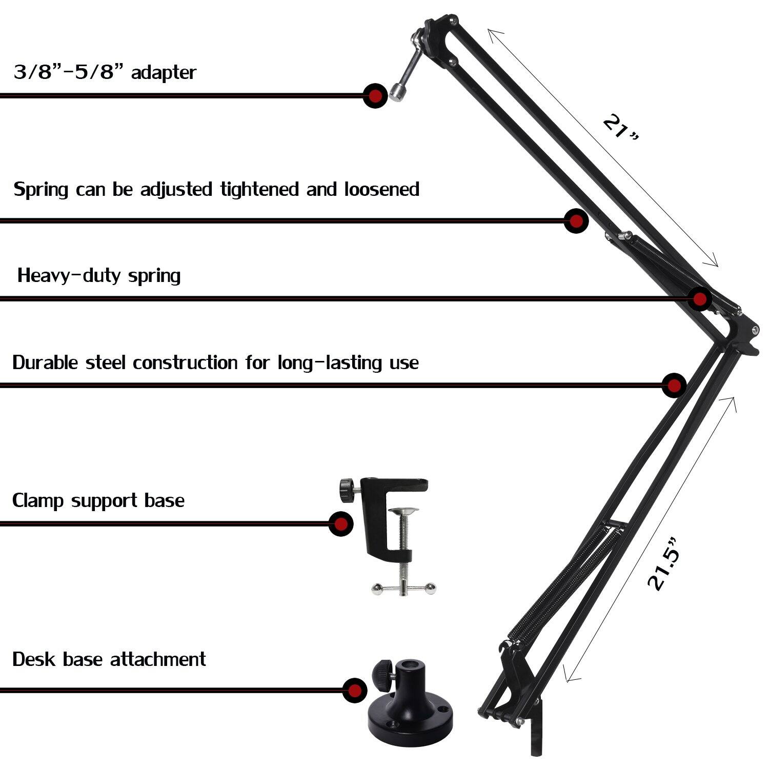 3/8"-5/8" adapter, Spring can be adjusted tightened and loosened, Heavy-duty spring, Durable steel construction for long-lasting use, Clamp support base, 21", Desk base attachment, 21.5"