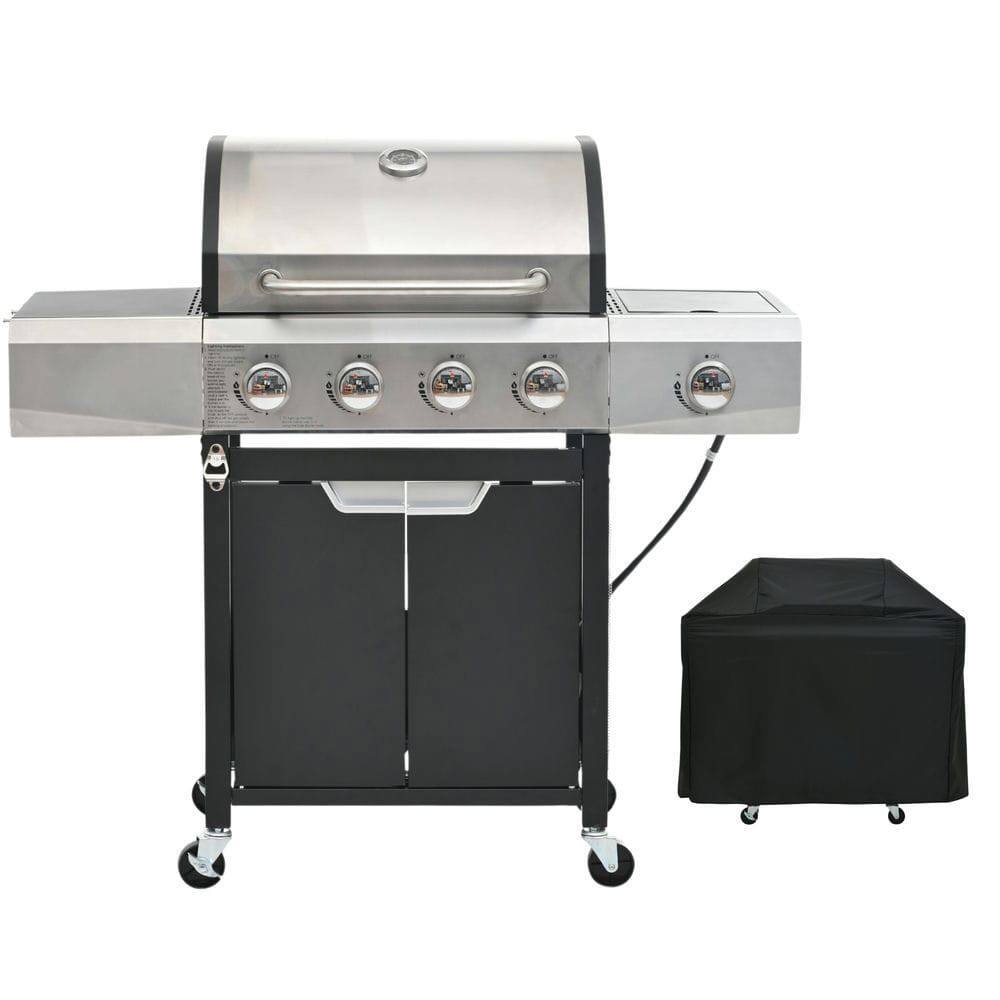 Left. Resenkos - Stainless Steel 4-Burner Propane Gas Grill: Comes with Side Burner and Cover, Perfect for Outdoor BBQ, Camping.