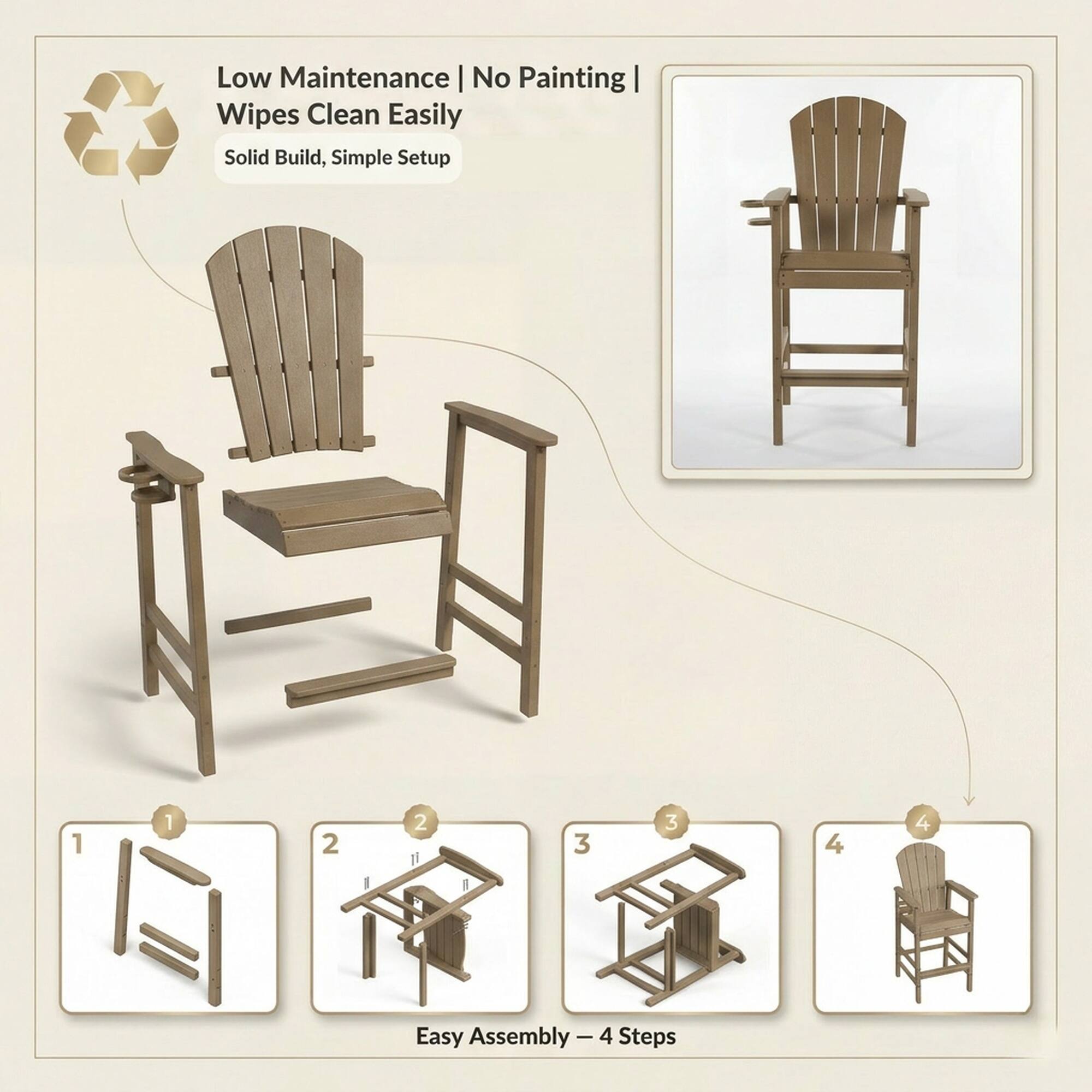 Low Maintenance | No Painting  
Wipes Clean Easily  
Solid Build, Simple Setup  

Easy Assembly - 4 Steps