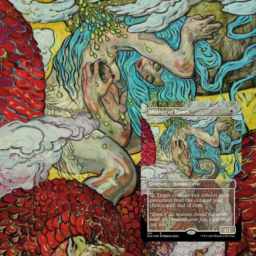 Mother of Runes  
Creature — Human Cleric  
C: Target creature you control gains protection from the color of your choice until end of turn.  
"Even if the heavens should fall or the earth split beneath your feet, I will keep you safe."  
1/1  
297  
SLD • EN  
Kerecca Goat  
© 2021 Wizards of the Coast