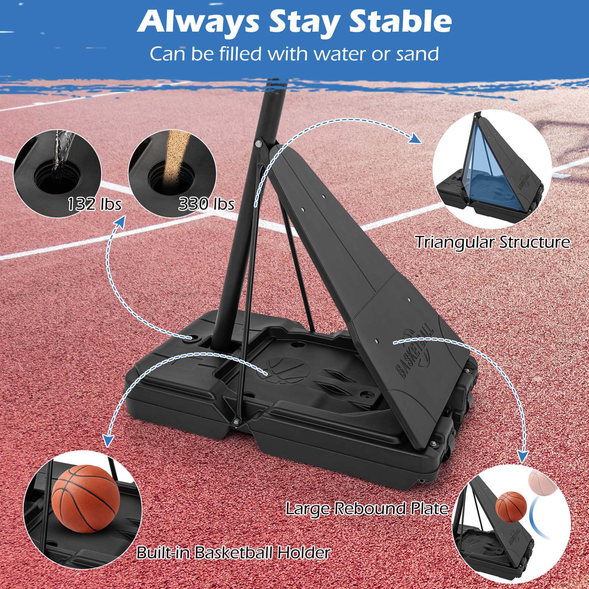 Always Stay Stable  
Can be filled with water or sand  

132 lbs  
330 lbs  

Triangular Structure  

Large Rebound Plate  

Built-in Basketball Holder