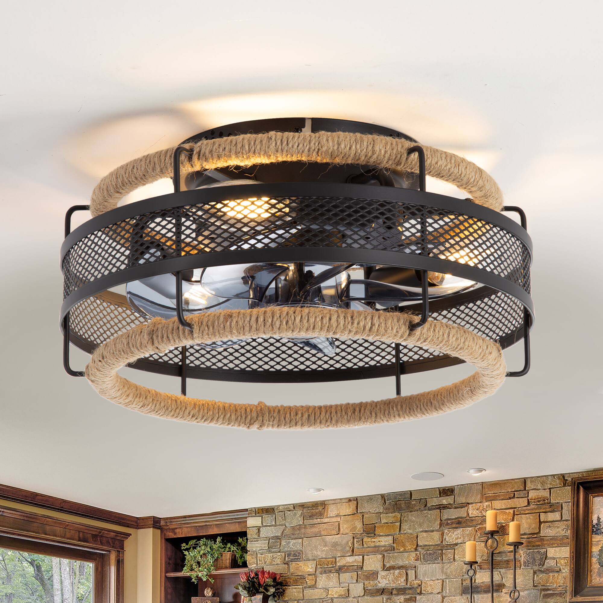 Back. Breezary - 12.5-Inch Indoor Enclosed Caged Ceiling Fan with 7 ABS Blades, DC Motor, 6-Speed Remote Control with Timer - Matte Black.