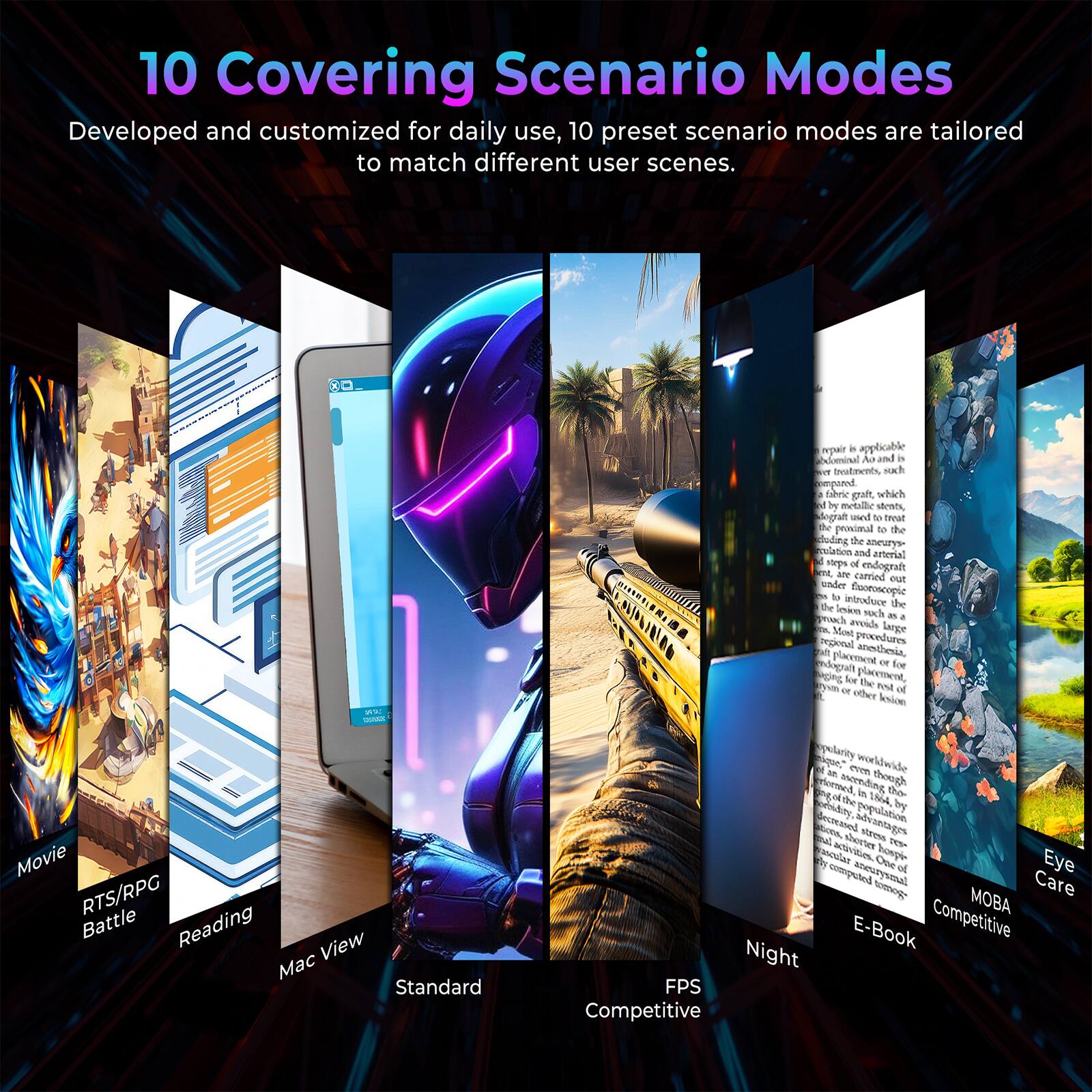 10 Covering Scenario Modes

Developed and customized for daily use, 10 preset scenario modes are tailored to match different user scenes.

- Movie
- RTS/RPG Battle
- Reading
- Mac View
- Standard
- FPS Competitive
- Night
- E-Book
- MOBA Competitive
- Eye Care