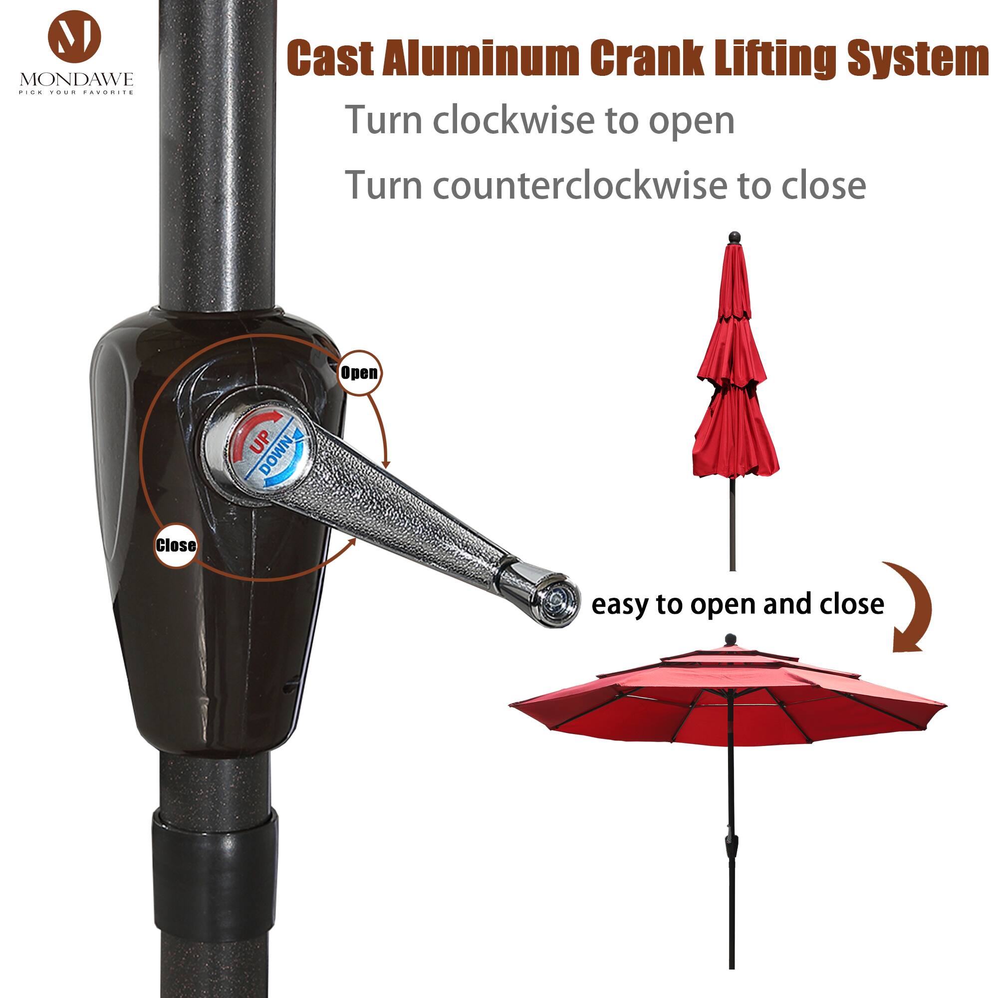 MONDAWE  
Cast Aluminum Crank Lifting System  
Turn clockwise to open  
Turn counterclockwise to close  

Open  
Close  

easy to open and close