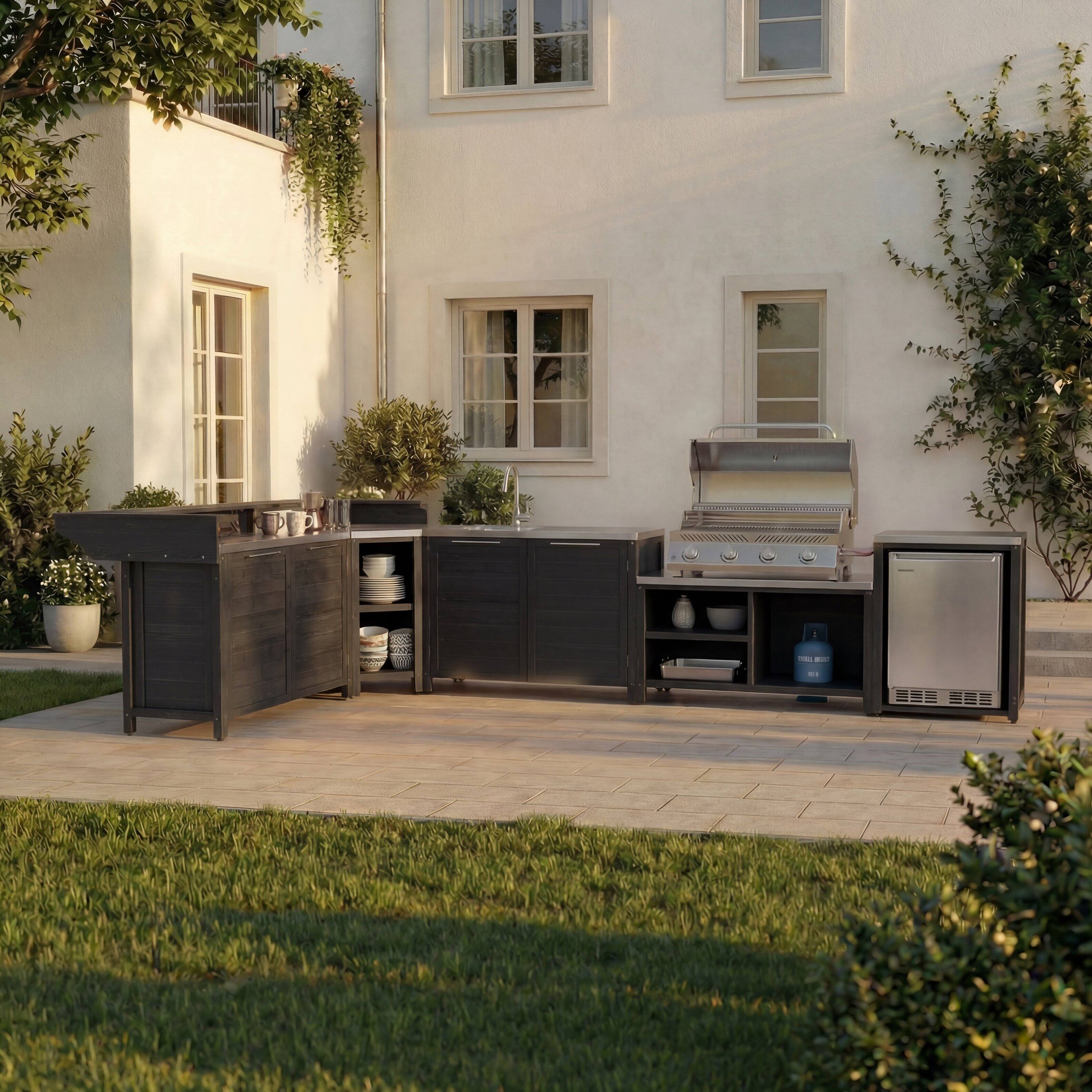 Back. Famapy - Modular Solid Cedar Outdoor Kitchen Cabinets - All-Weather Storage with Stainless Steel Top for Patio, Grill Station - Carbon Black.