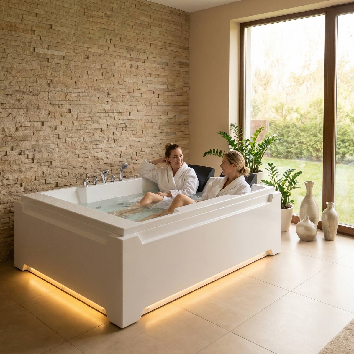 Angle. Loheer - Loheer 73 x 48 Inch Whirlpool Bathtub for Two with 8 Jets, Chromatherapy, Acrylic Alcove Tub, Left Drain - Milk White.