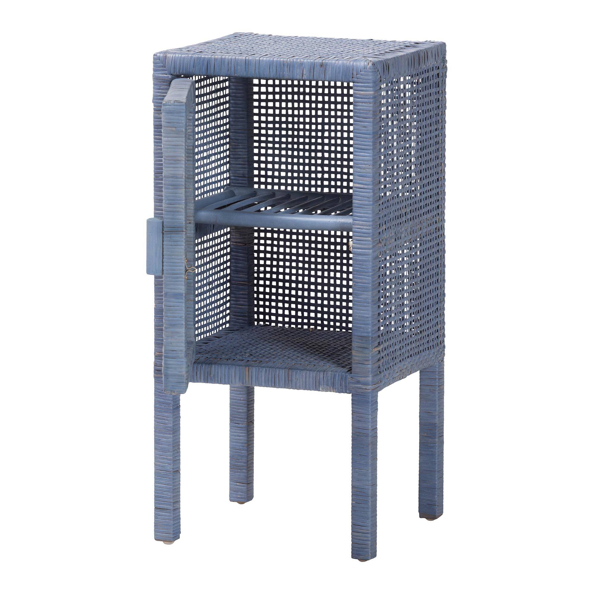 Angle. bali & pari - Vivan Natural Rattan Nightstand - Handwoven Wicker Accent Bedside Table with Interior Shelving and Elevated Base - Navy Blue.