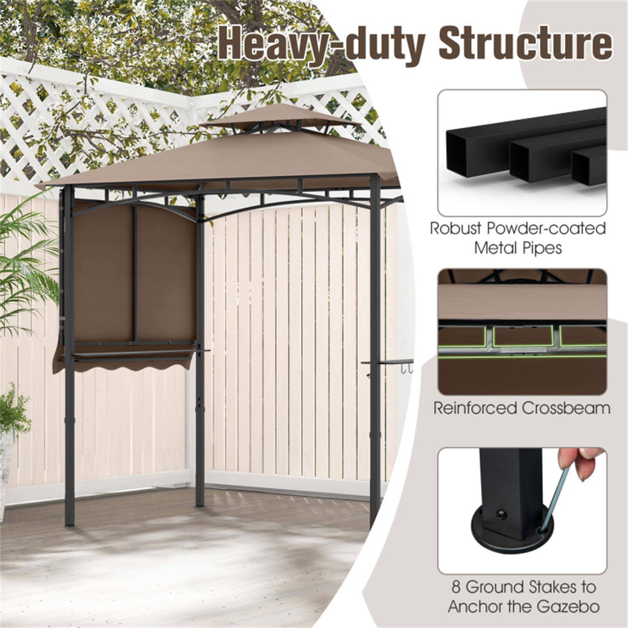 Heavy-duty Structure

- Robust Powder-coated Metal Pipes
- Reinforced Crossbeam
- 8 Ground Stakes to Anchor the Gazebo