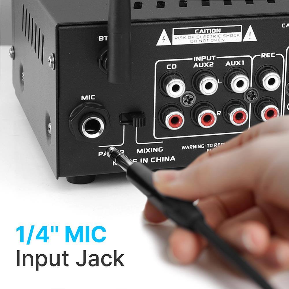 CAUTION  
RISK OF ELECTRIC SHOCK  
DO NOT OPEN  

INPUT  
CD  
AUX2  
AUX1  
REC  

WARNING: TO REMOVE  
MIXING  
MADE IN CHINA  

1/4" MIC Input Jack