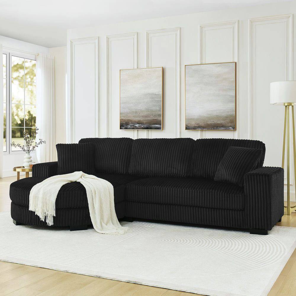 Front. Kadyn - Modular Sleeper Sectional with Ottoman, L-Shaped Corduroy Sofa with Tufted Upholstery, Black - Black.