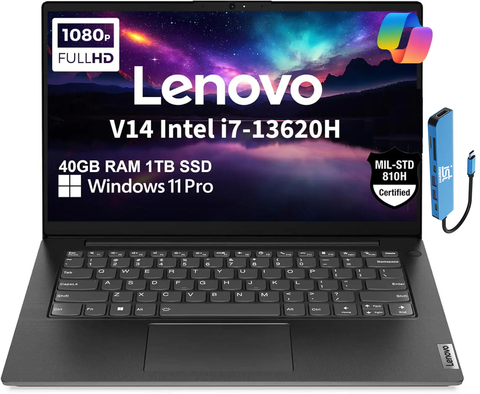 Lenovo - V14 Gen4 14" FGD Laptop - Intel Core i7 with 40GB Memory - 1TB SSD - Windows 11 Pro - Black