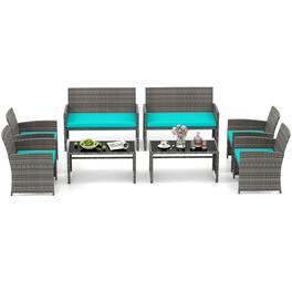 Costway - 8 PCS Patio Conversation Set with Seat Cushions & Tempered Glass Tabletop, Outdoor - Turquoise,Gray