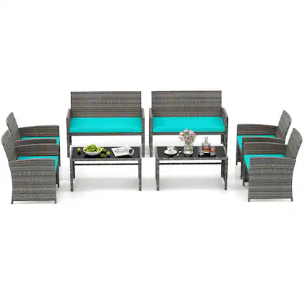Front. Costway - Costway 8 PCS Patio Conversation Set with Seat Cushions & Tempered Glass Tabletop, Outdoor - Turquoise,Gray.