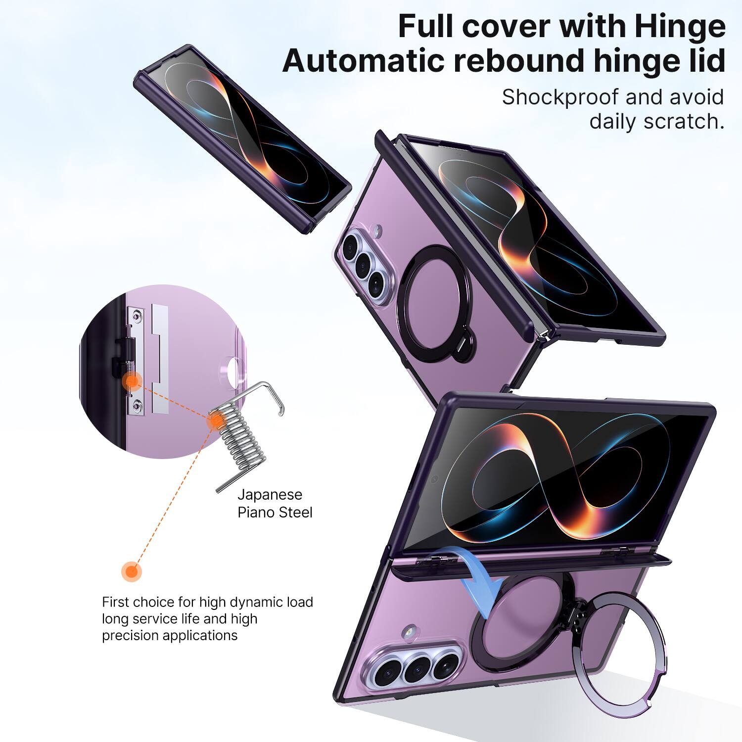 Full cover with Hinge Automatic rebound hinge lid  
Shockproof and avoid daily scratch.  

Japanese Piano Steel  
First choice for high dynamic load long service life and high precision applications