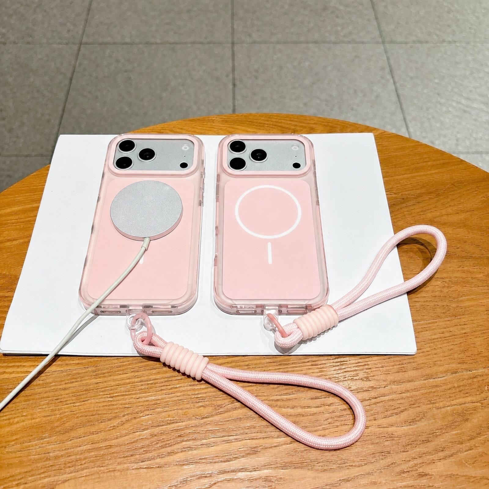 Left. Dteck - For Apple iPhone 18 Pro Magnetic Case Compatible With Magsafe Shockproof Rugged PC Cover With Wrist Strap - Pink.