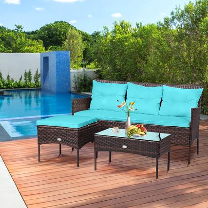 Front. Gymax - Gymax 3PCS Patio Rattan Sectional Conversation Furniture Set w/ Turqouise Cushions - Turqouise.