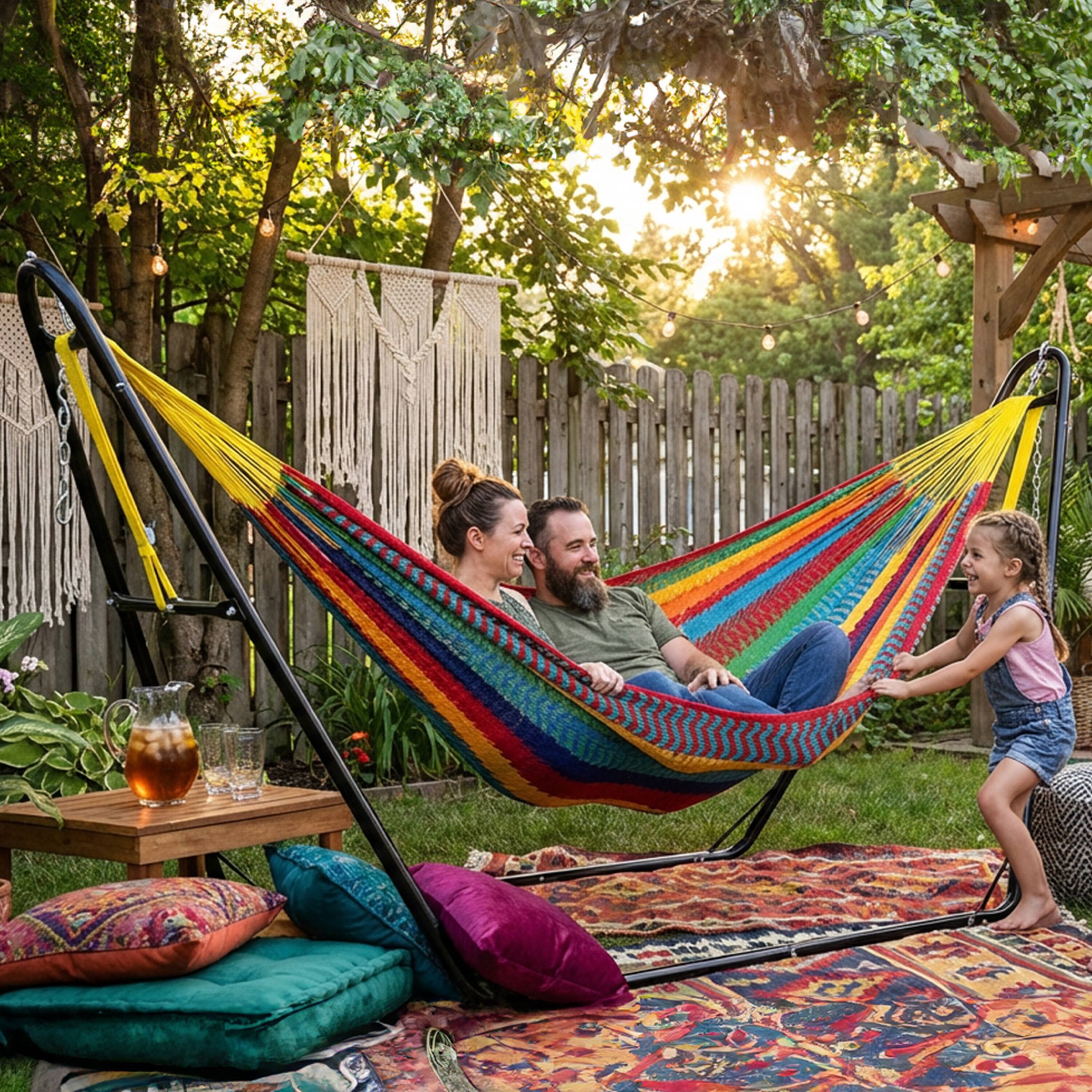 Alt View 9. Sunnydaze - 2-Person Cotton and Nylon Woven Fabric Hammock - Multi-Color.