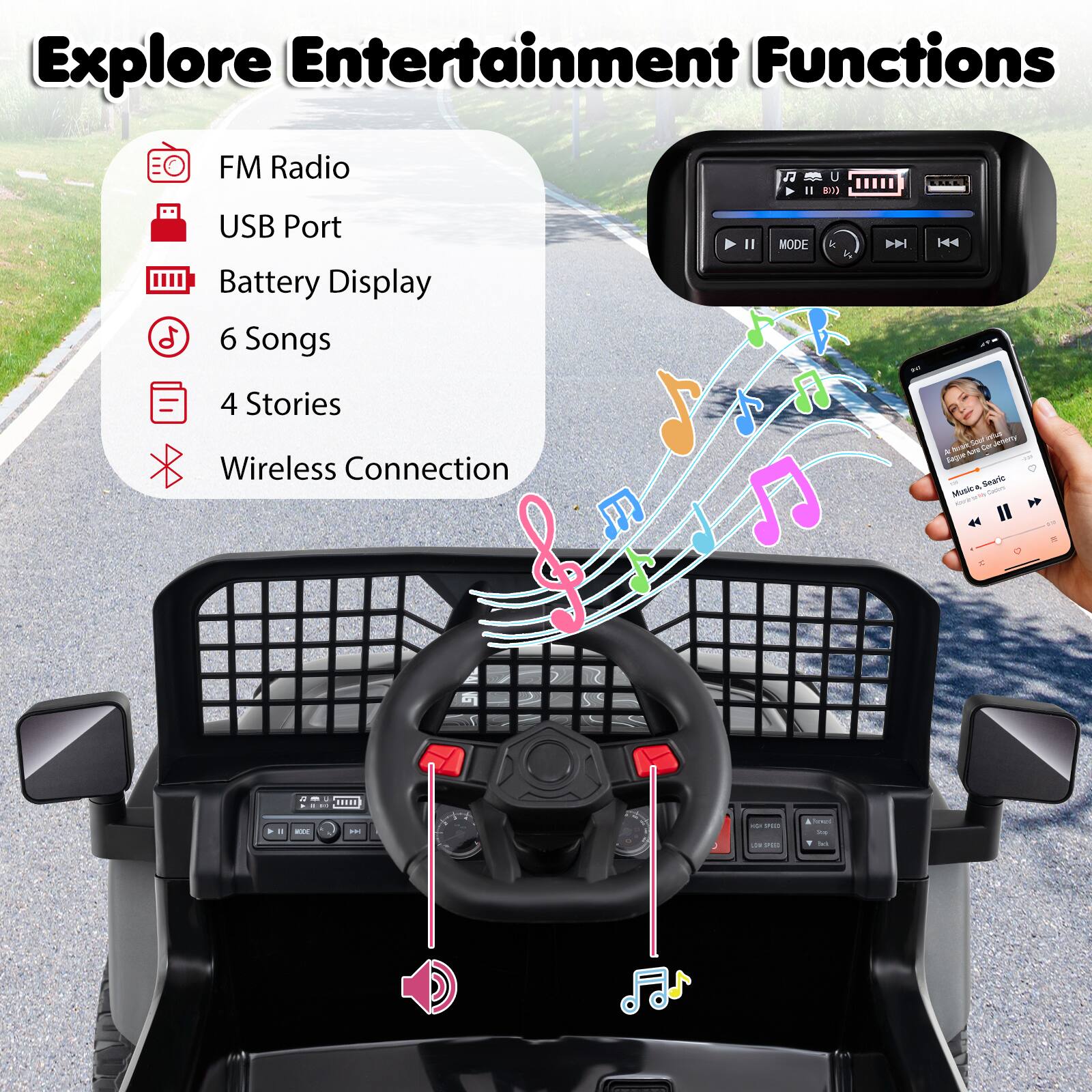 Explore Entertainment Functions

- FM Radio
- USB Port
- Battery Display
- 6 Songs
- 4 Stories
- Wireless Connection