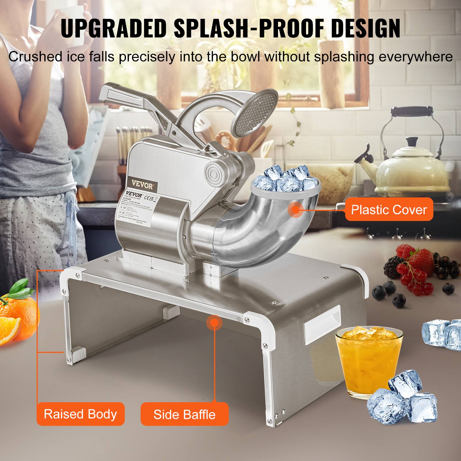 UPGRADED SPLASH-PROOF DESIGN, Crushed ice falls precisely into the bowl without splashing everywhere, VEVOR S, Plastic Cover, Raised Body, Side Baffle