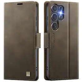 Dteck - Slim Premium Leather Shockproof Flip Kickstand Card Wallet Phone Case For Samsung Galaxy S26 Ultra - Coffee