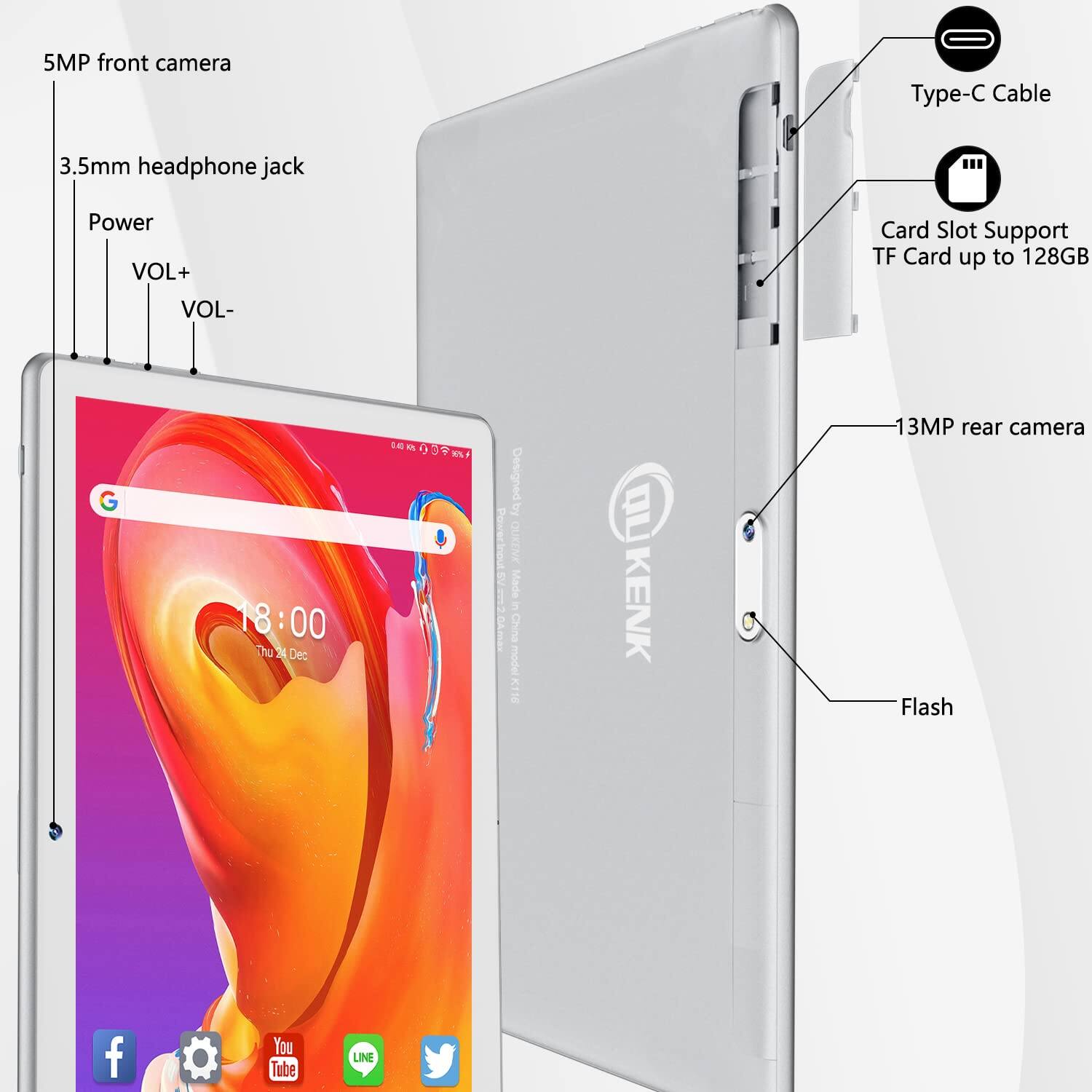 5MP front camera, Type-C Cable, 3.5mm headphone jack, Power, VOL+, Card Slot Support TF Card up to 128GB, VOL-, 13MP rear camera, Flash, Facebook, YouTube, LINE, Twitter