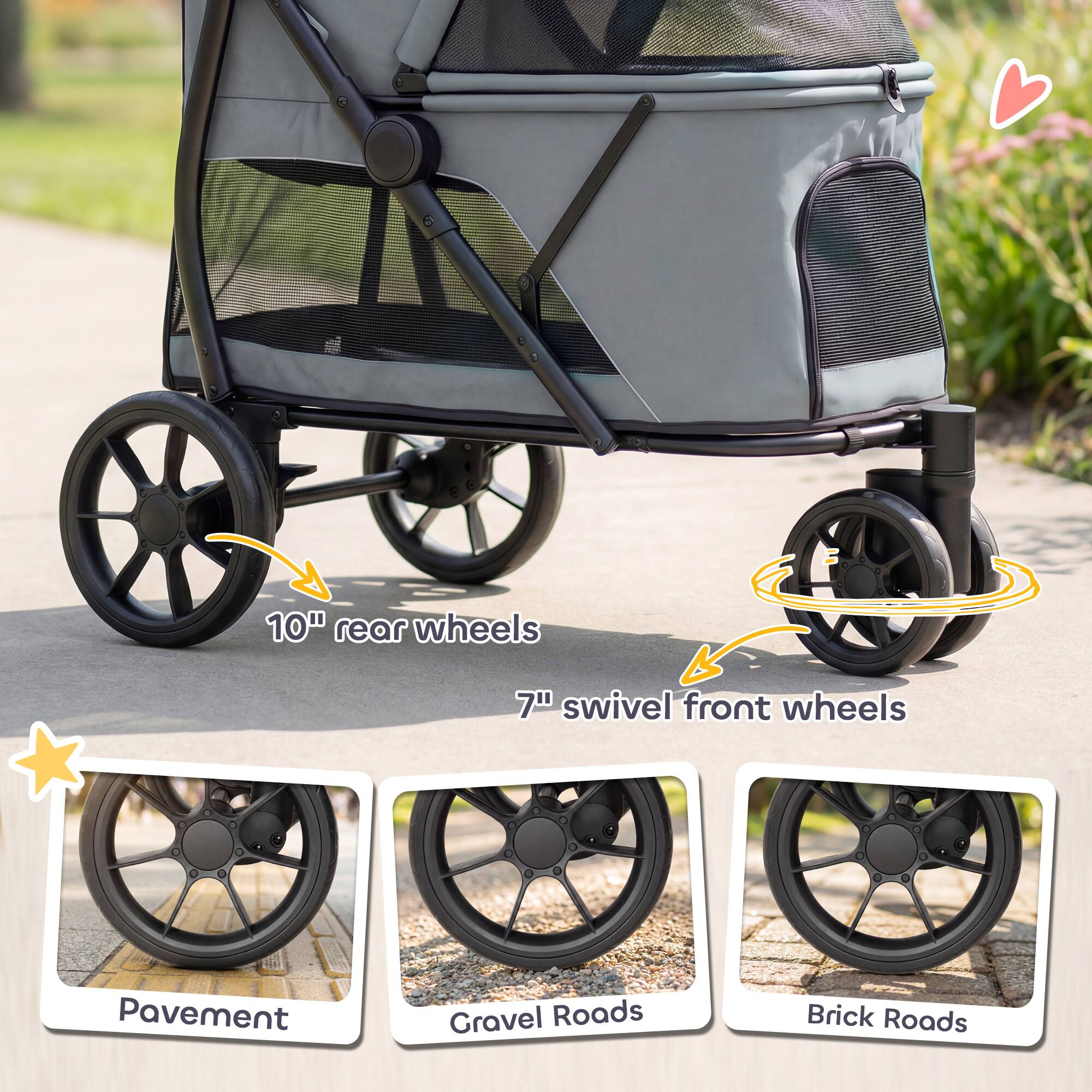 10" rear wheels  
7" swivel front wheels  

Pavement  
Gravel Roads  
Brick Roads