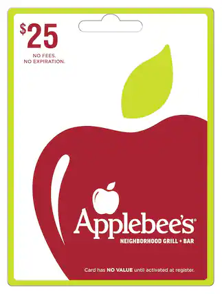 The image features a card for Applebee's Neighborhood Grill + Bar. The card is worth $25 and has no fees or expiration. It is ready to be activated at the register.
