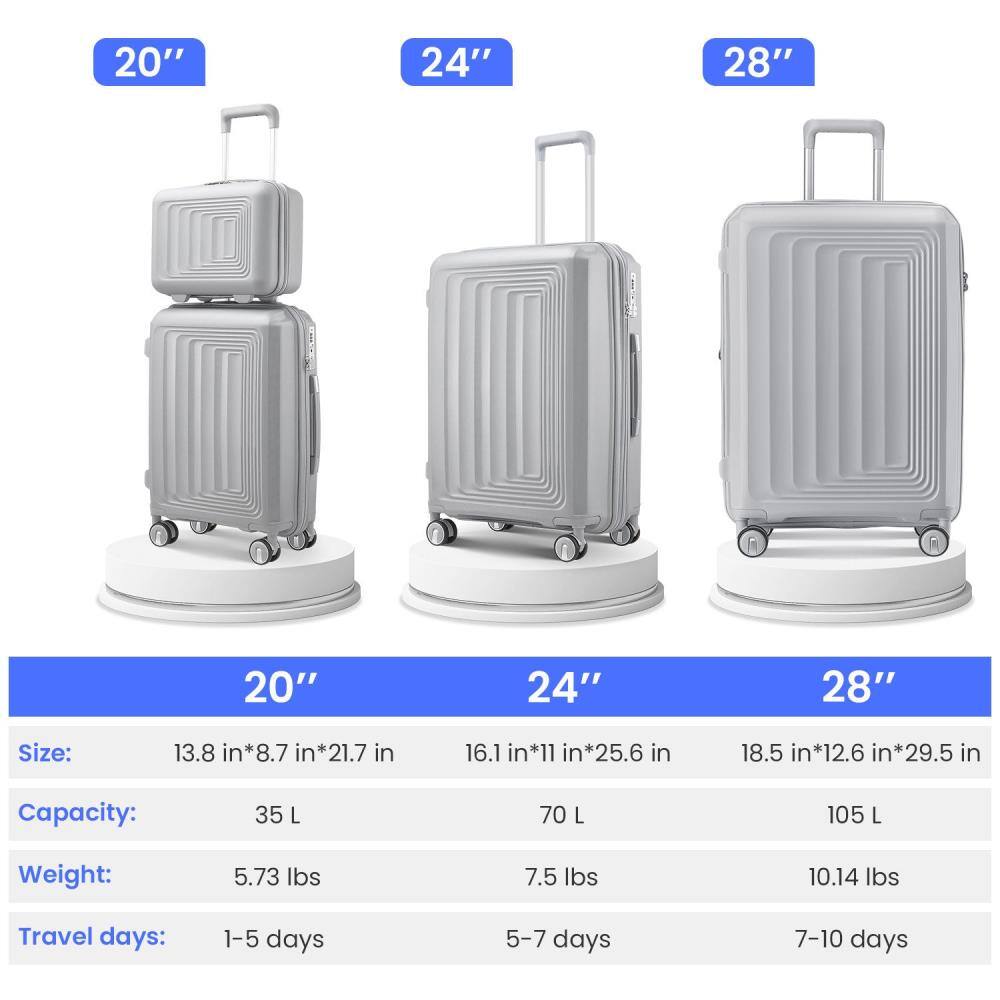 20"  
Size: 13.8 in*8.7 in*21.7 in  
Capacity: 35 L  
Weight: 5.73 lbs  
Travel days: 1-5 days  

24"  
Size: 16.1 in*11 in*25.6 in  
Capacity: 70 L  
Weight: 7.5 lbs  
Travel days: 5-7 days  

28"  
Size: 18.5 in*12.6 in*29.5 in  
Capacity: 105 L  
Weight: 10.14 lbs  
Travel days: 7-10 days