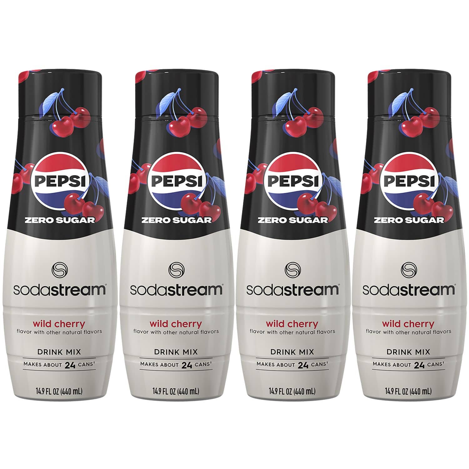 PEPSI PEPSI PEPSI PEPSI ZERO SUGAR ZERO SUGAR ZERO SUGAR ZERO SUGAR Sodastream wild cherry flavor with other natural flavors. Drink mix makes about 24 cans. 14.9 FL OZ (440 mL).