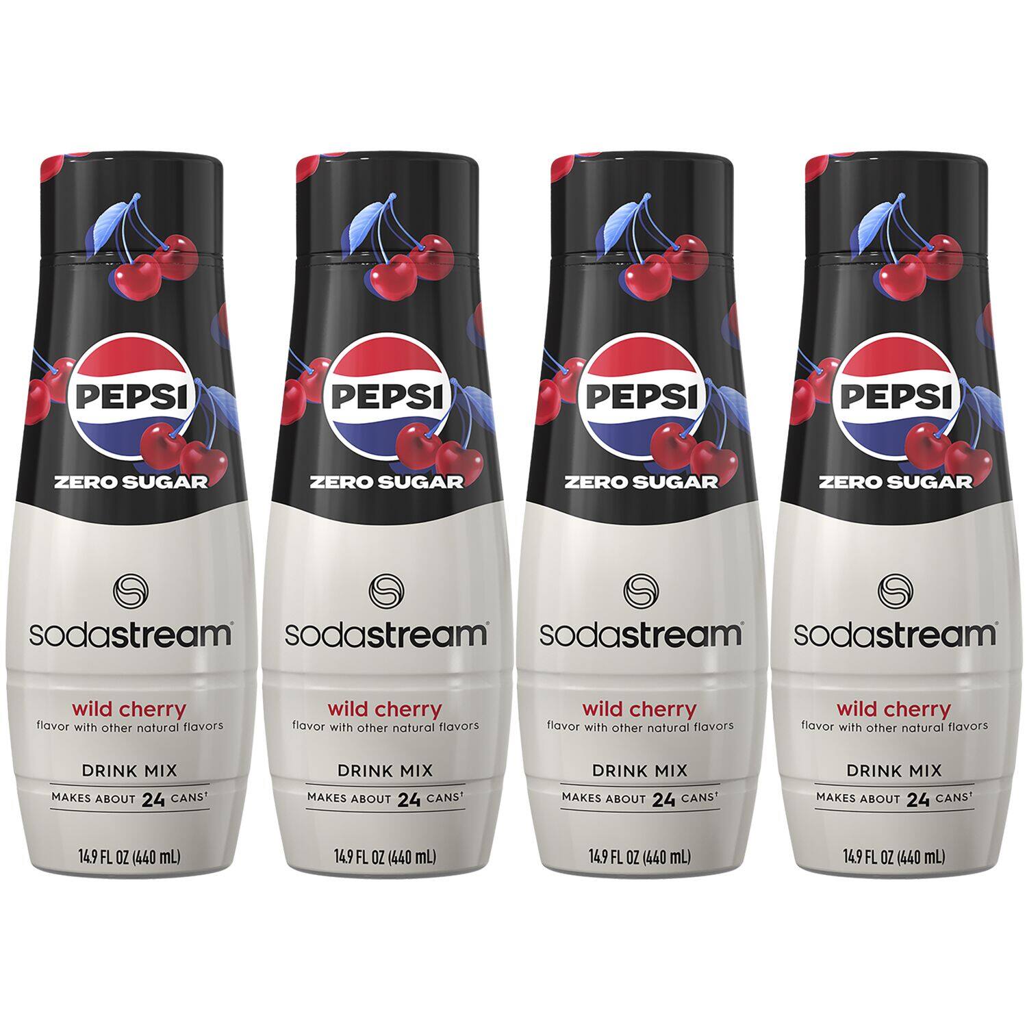 PEPSI PEPSI PEPSI PEPSI ZERO SUGAR ZERO SUGAR ZERO SUGAR ZERO SUGAR Sodastream wild cherry flavor with other natural flavors. Drink mix makes about 24 cans. 14.9 FL OZ (440 mL).