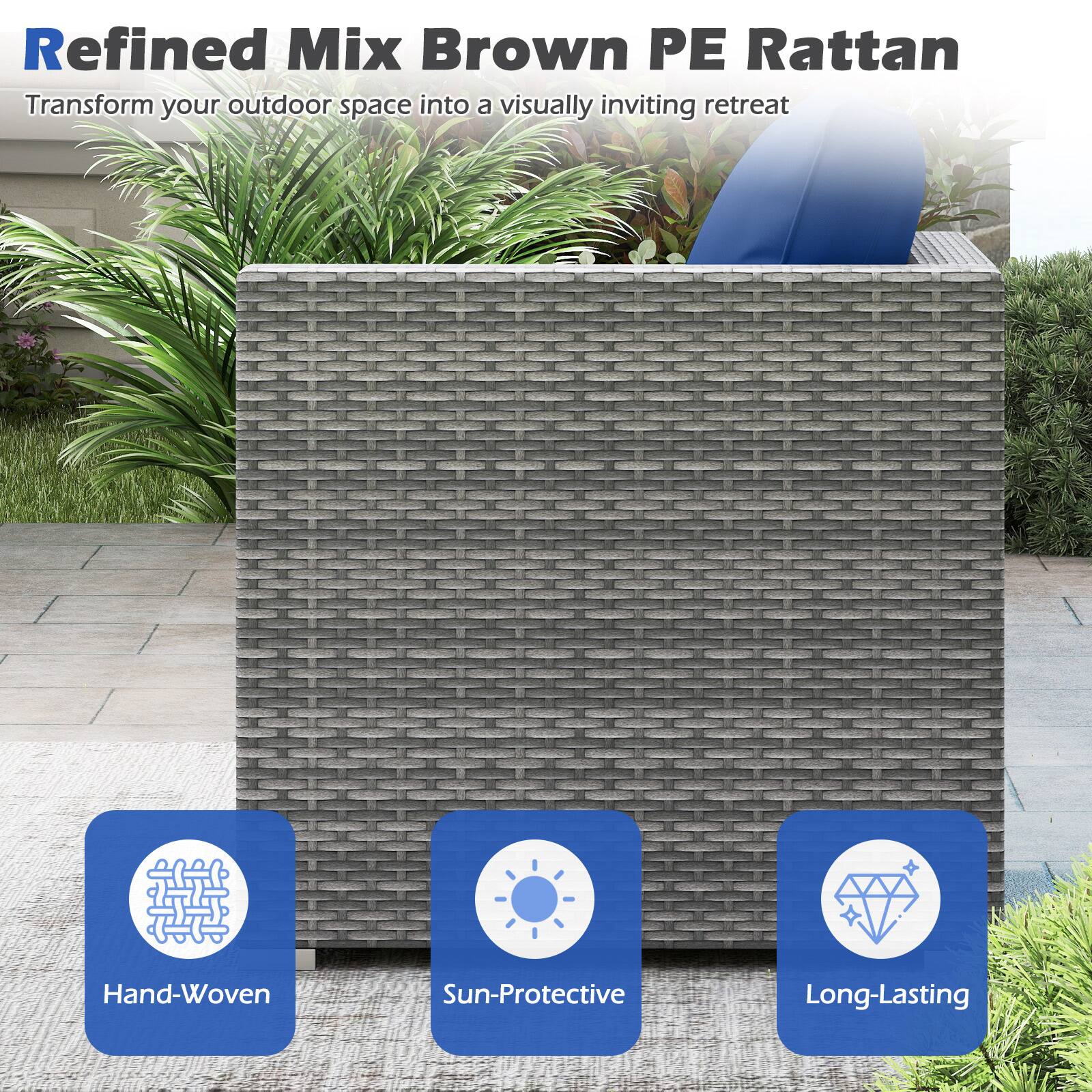 Refined Mix Brown PE Rattan  
Transform your outdoor space into a visually inviting retreat  

- Hand-Woven  
- Sun-Protective  
- Long-Lasting