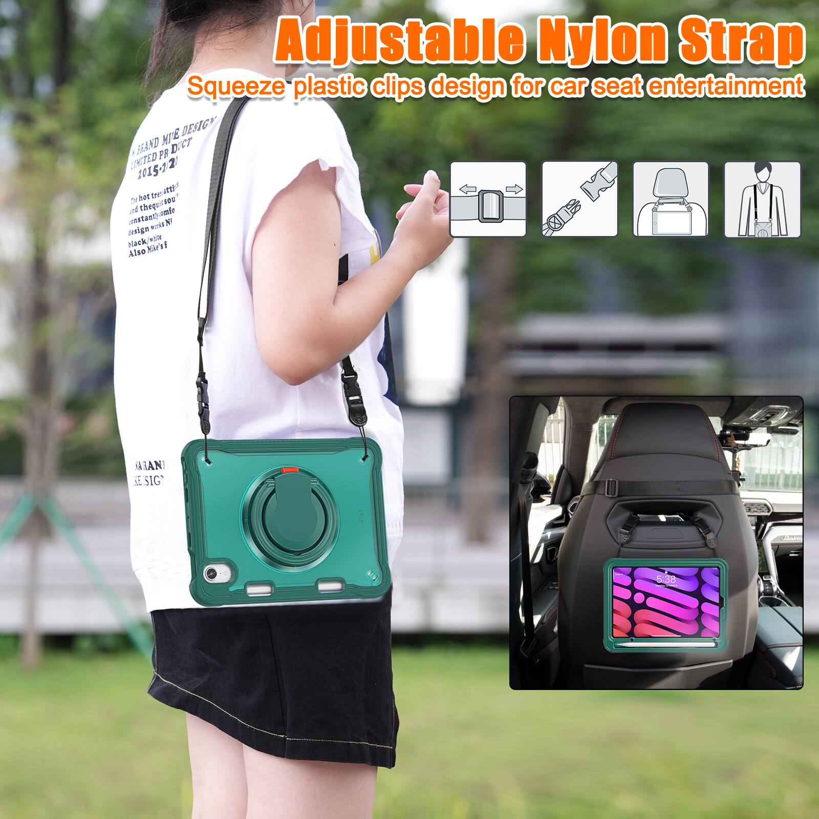 Adjustable Nylon Strap  
Squeeze plastic clips design for car seat entertainment
