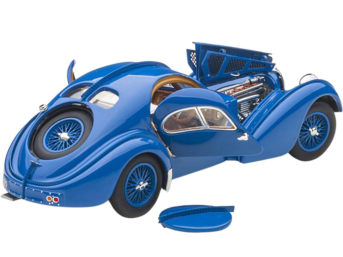 Angle. Autoart - 1938 Bugatti Type 57SC Atlantic with Metal Wire-Spoke Wheels Blue 1/43 Diecast Model Car by Autoart - Blue.