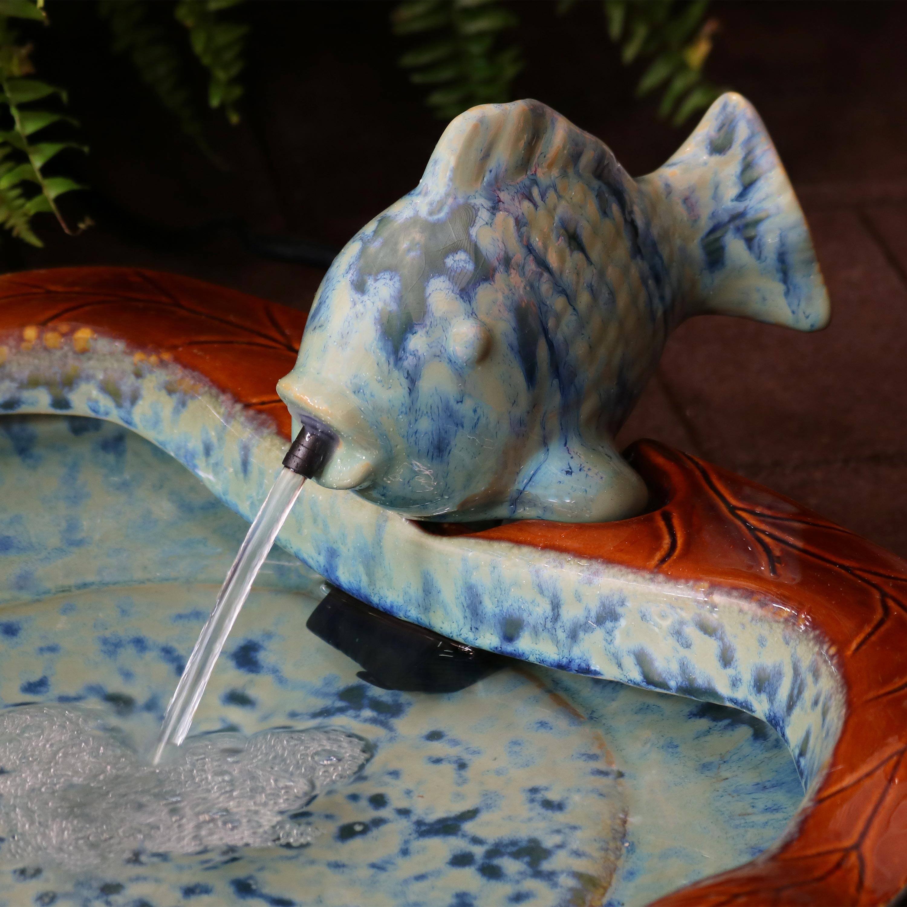 Alt View 9. Sunnydaze - Fish Glazed Ceramic Outdoor Water Fountain - Aqua/Brown.